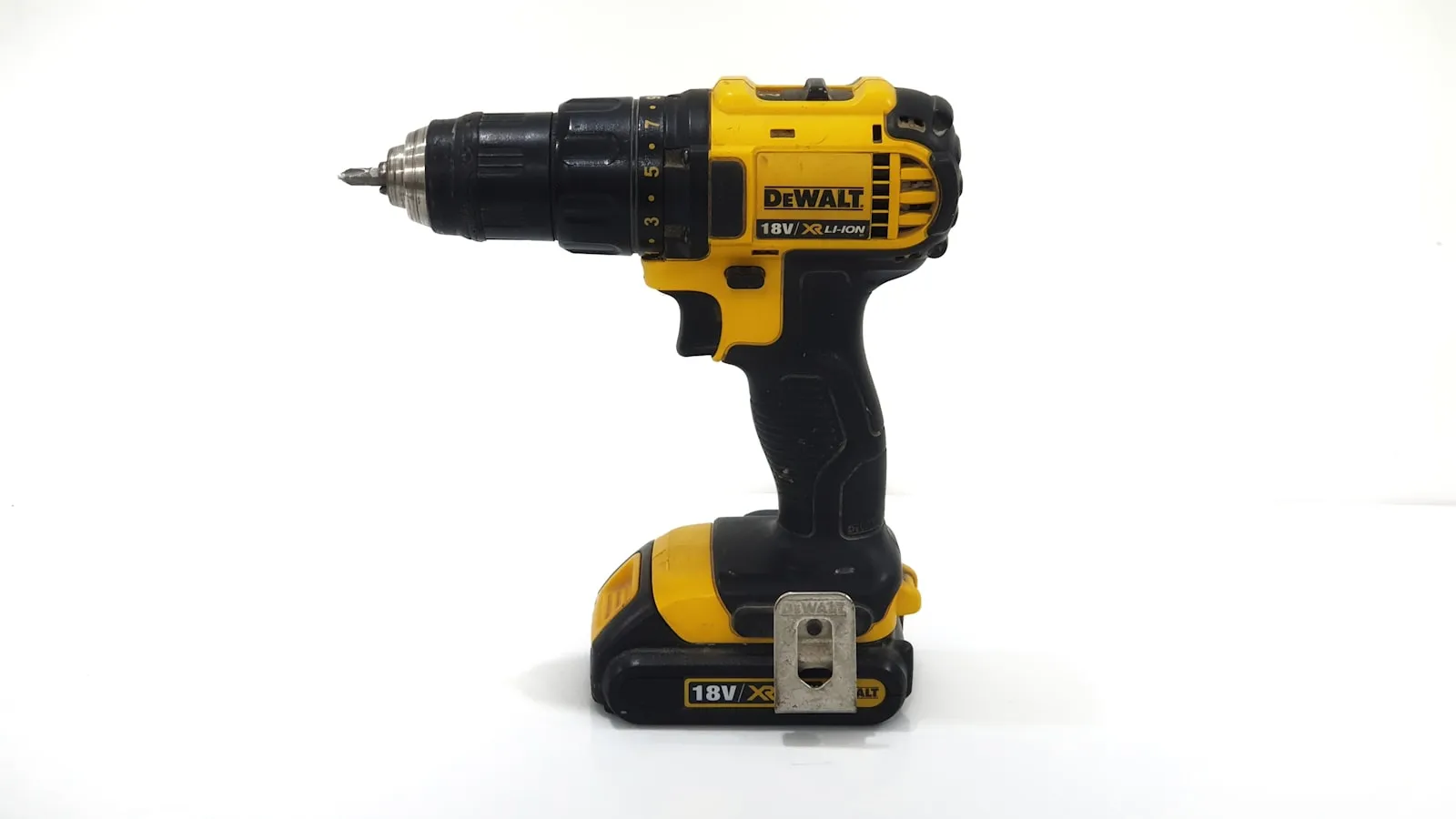Black-and-yellow cordless drill — the battery platform that powers portable train horns side-by-side with tank-fed kits