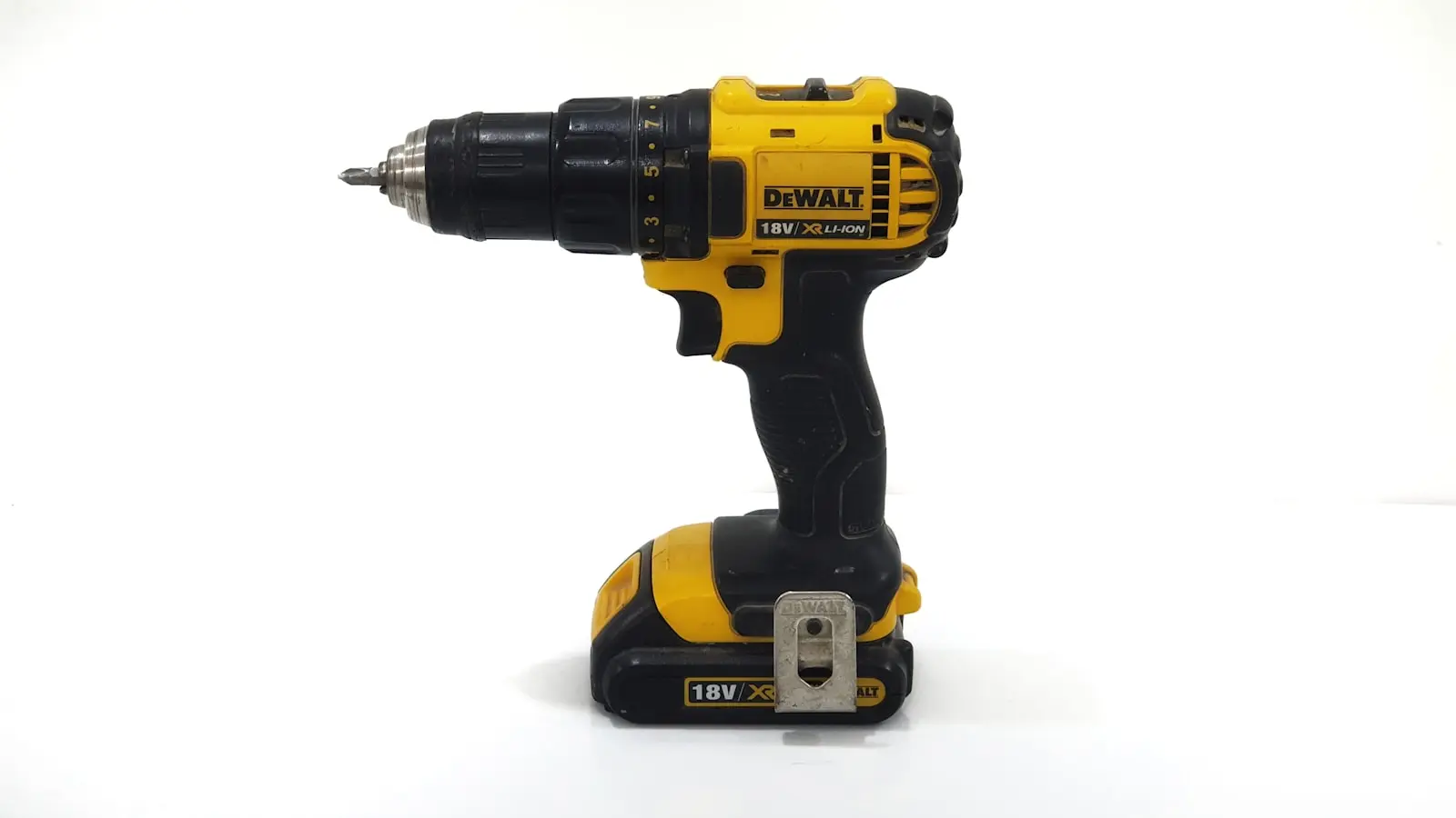 Black-and-yellow cordless drill — the battery platform that powers portable train horns side-by-side with tank-fed kits