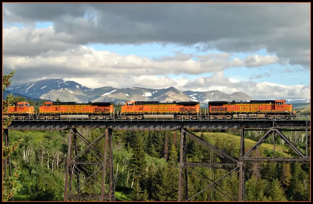 BNSF freight locomotives crossing the Two Medicine Trestle in Montana