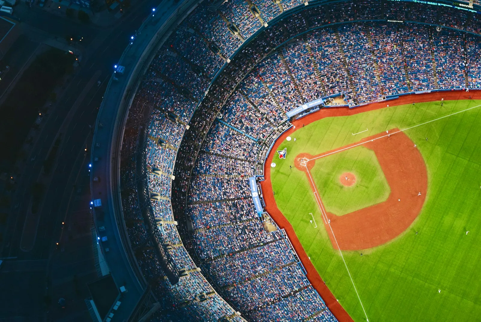 Aerial view of a baseball stadium — Daikin Park (formerly Minute Maid Park) home of the rooftop train