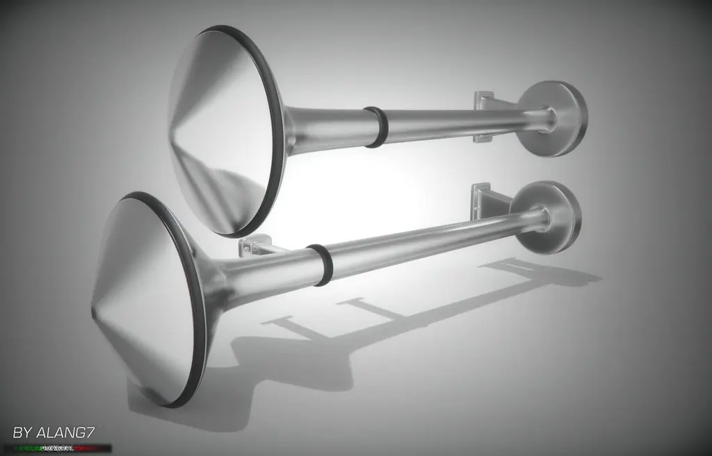 Chrome truck air horns mounted on a vehicle