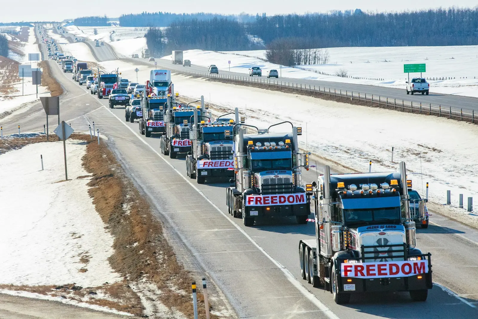 FREEDOM convoy taken in Central Alberta, Queen Elizabeth Highway 2 on the way to the Legislature Building in Edmonton. This demonstration was in support of the 