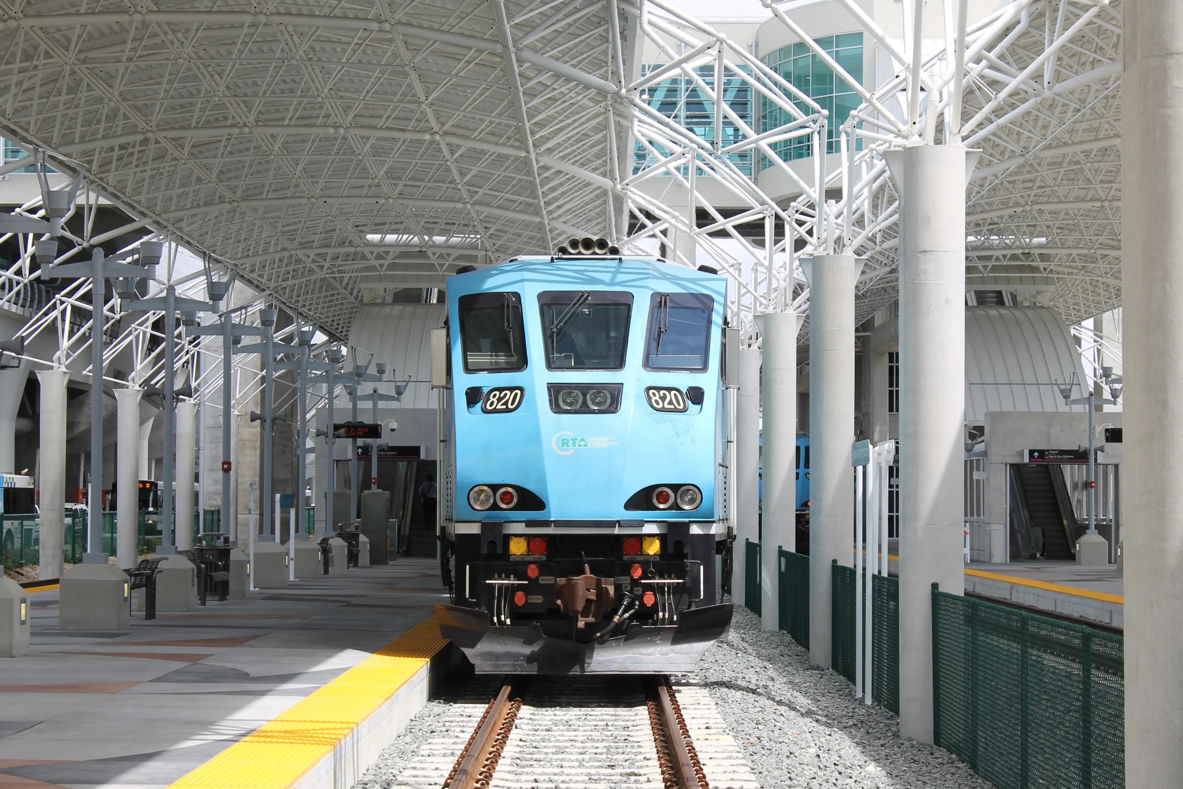 Front of a Tri-Rail diesel locomotive showing its horn cluster
