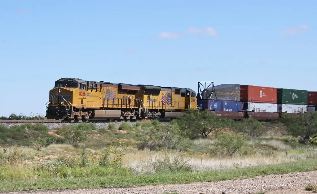 Union Pacific freight locomotives pulling an intermodal train — the road power on which Nathan K-series horns like the K3HL are heard