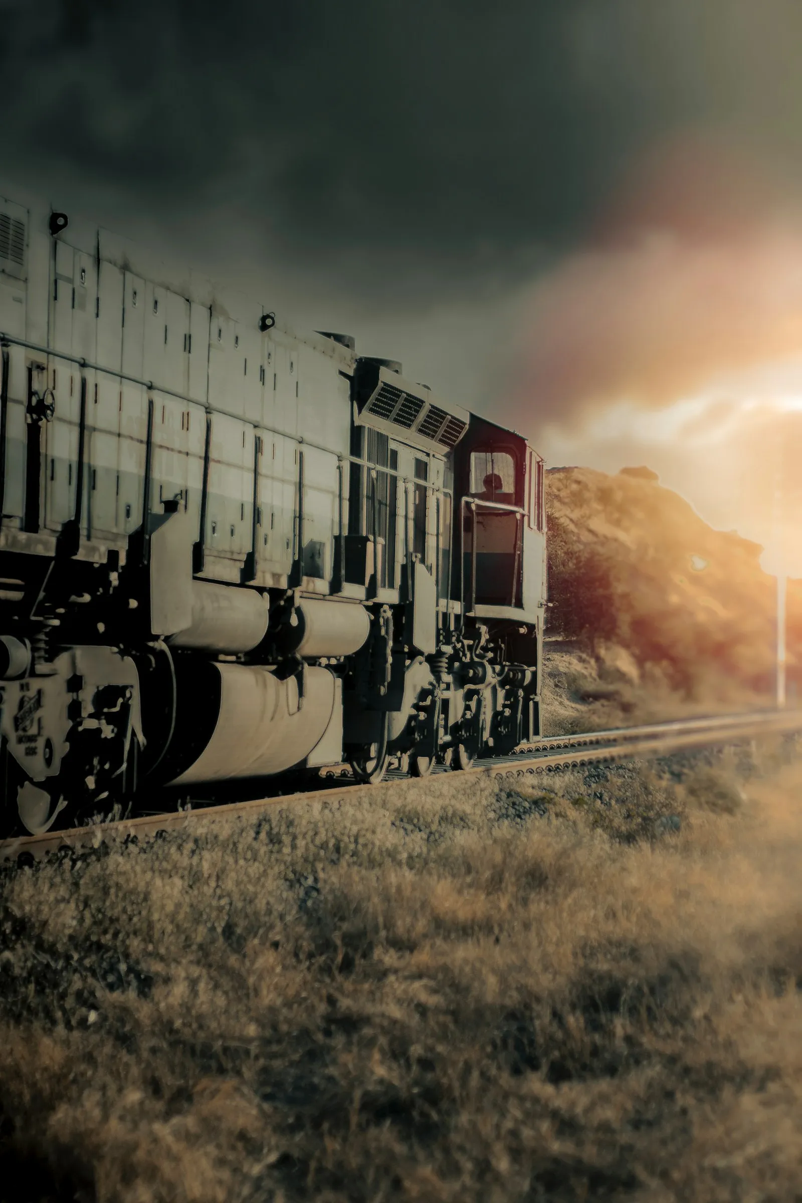 Diesel locomotive at sunset — the period-correct freight power Leslie's RS-3L Supertyfon was built for