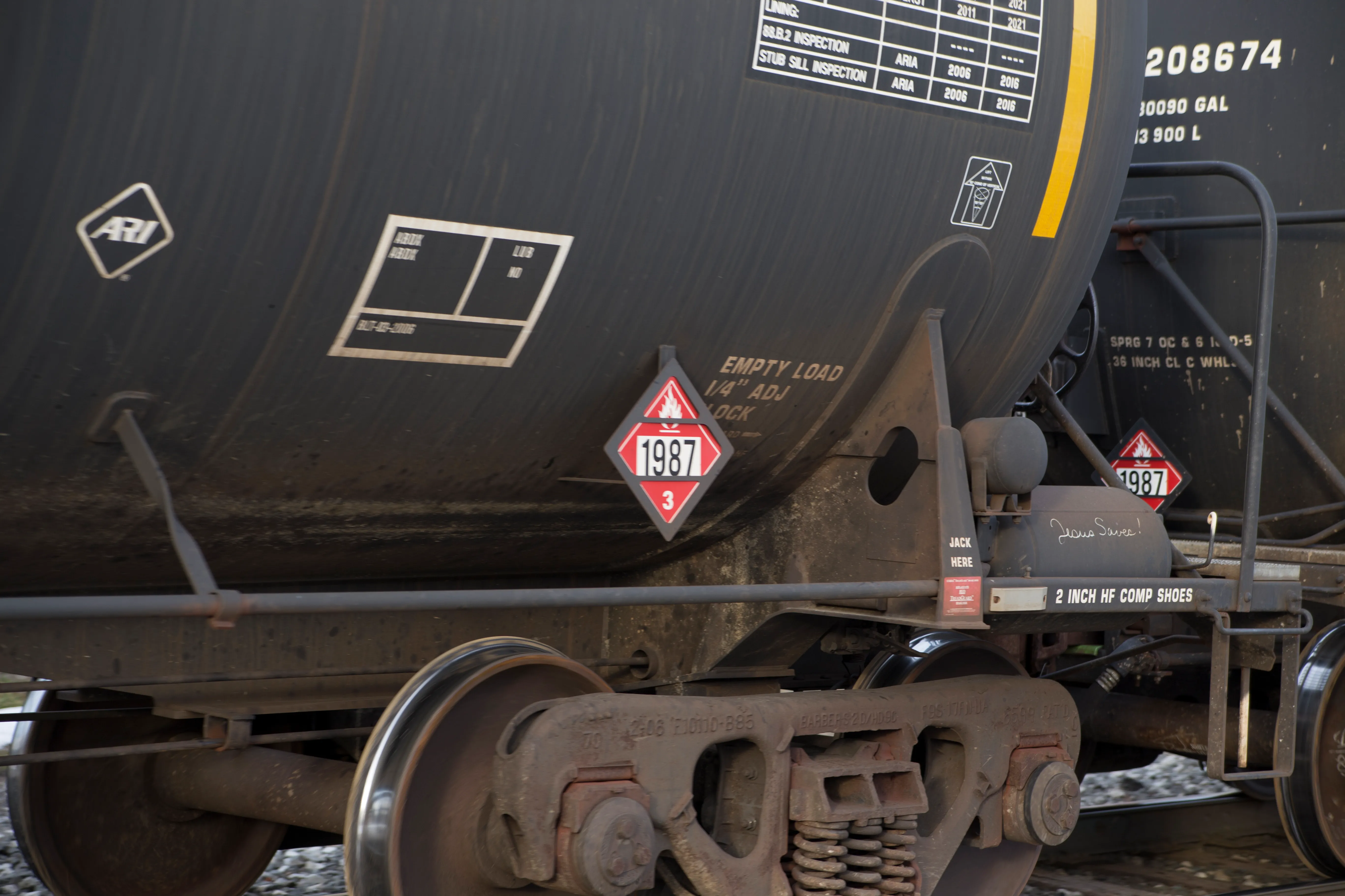 Steel railroad tank car on a siding in Conneaut, Ohio