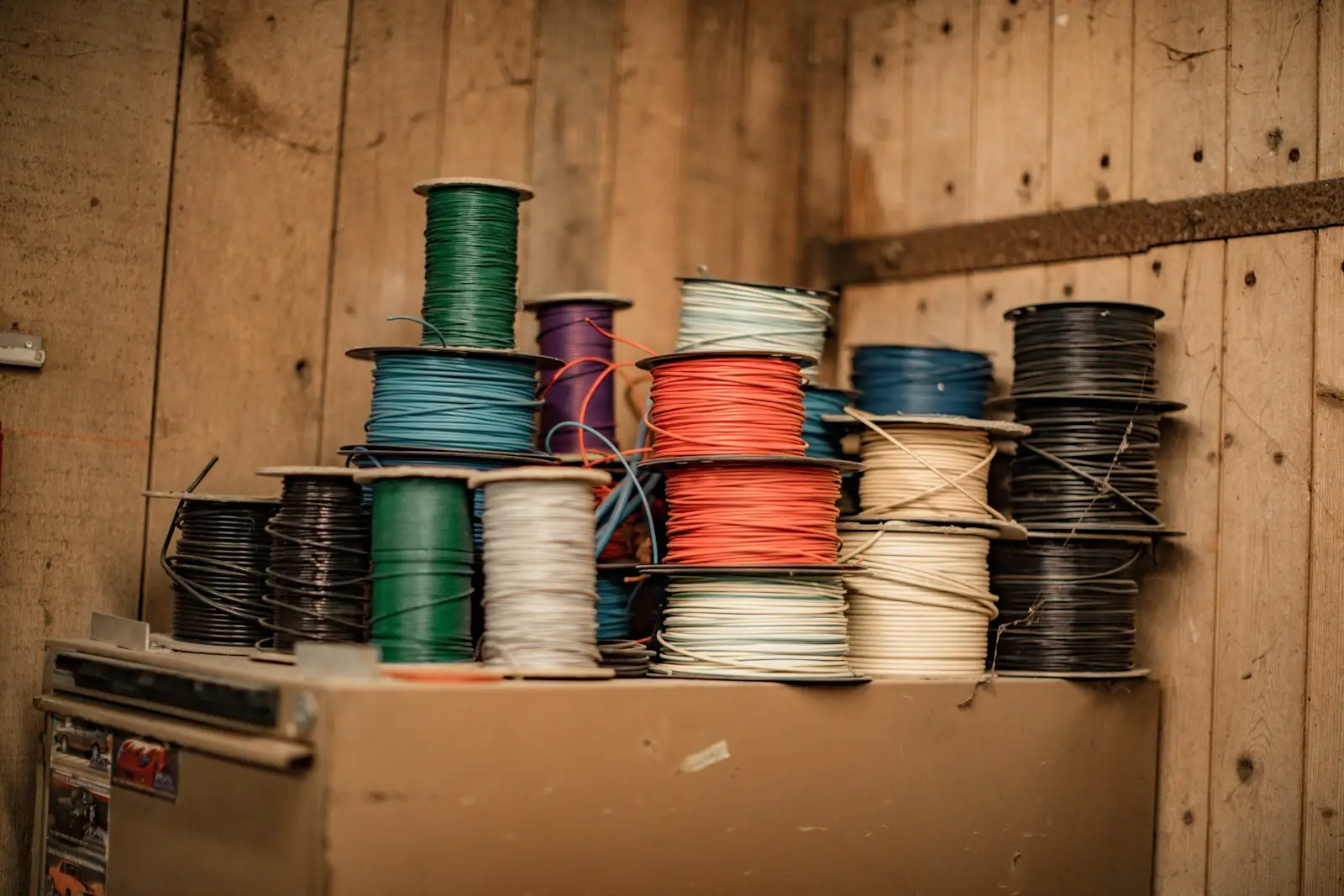 Blue and green thread on brown wooden shelf