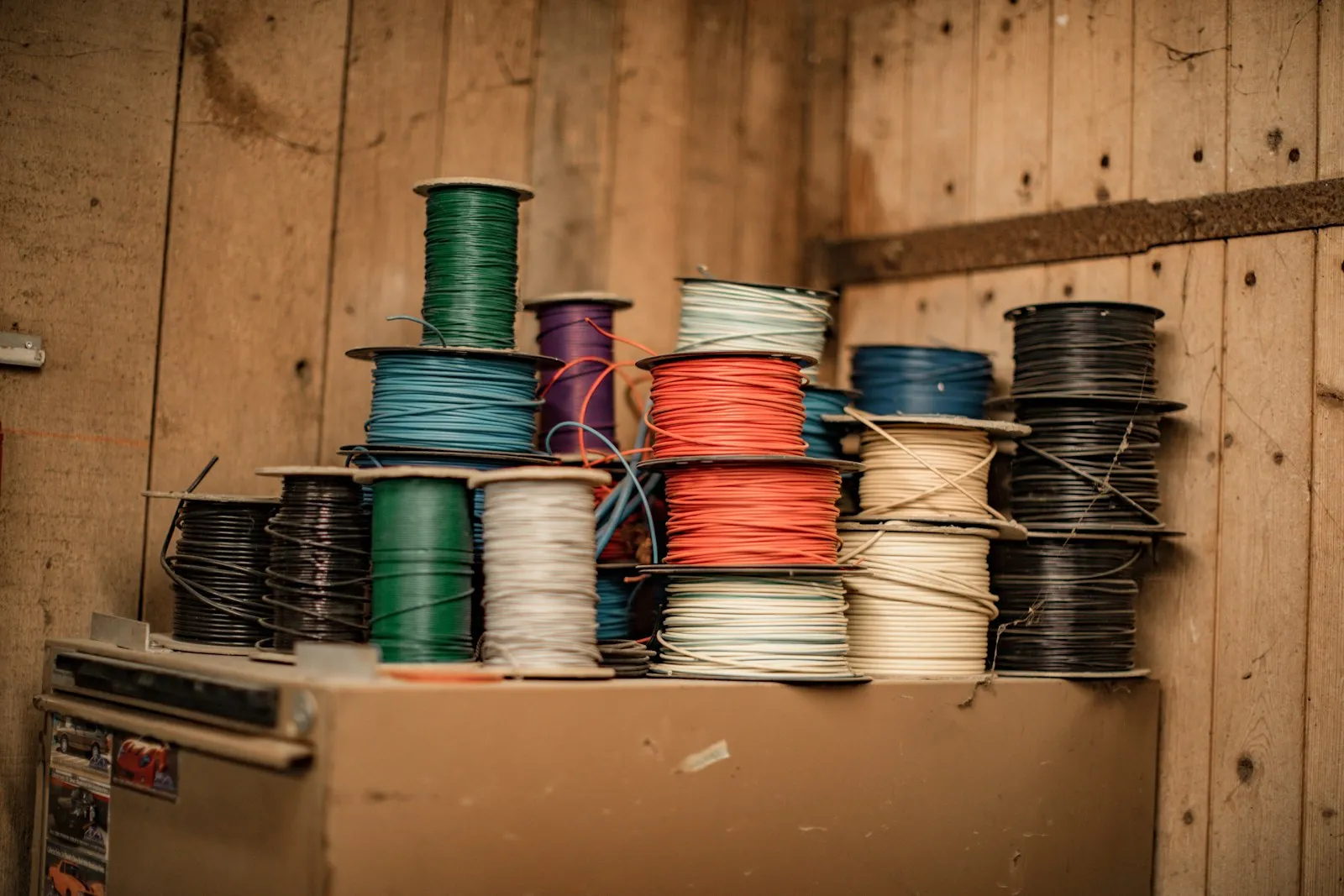 Blue and green thread on brown wooden shelf