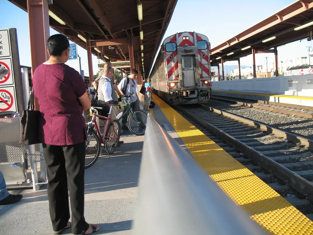 Diesel locomotive waiting at San Jose Diridon Station platform