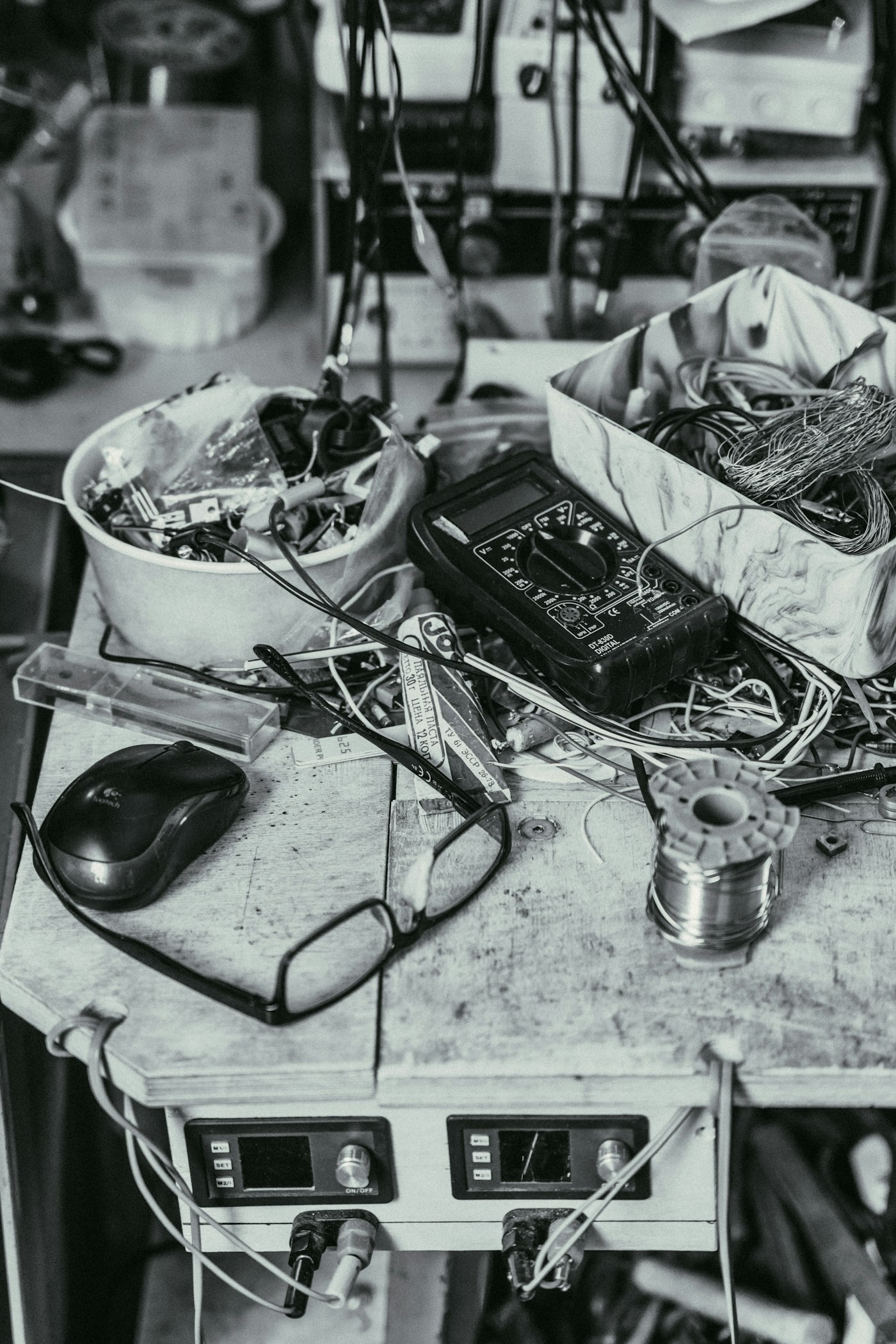 Electronics workbench — wiring setup for a DeWalt 20V MAX portable horn DIY build