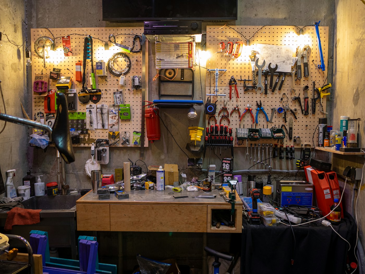 Workshop wall setup — the kind of weekend-DIY space the drill-pump horn build needs
