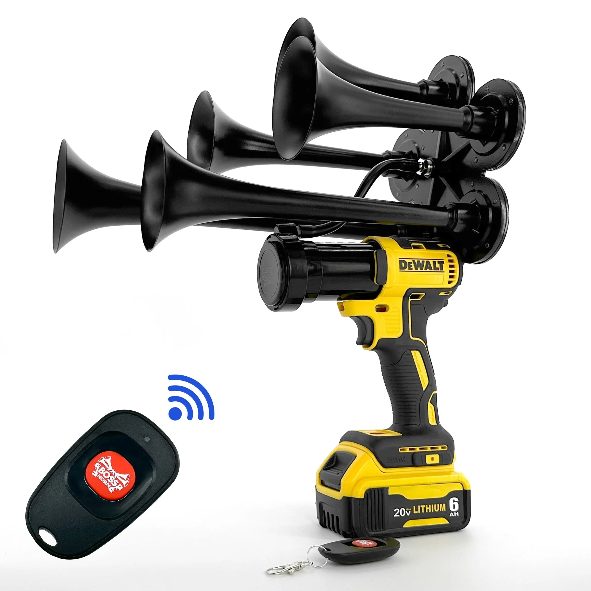 BossHorn 5-trumpet train horn with wireless key-fob remote, shown mounted on a 20V MAX battery
