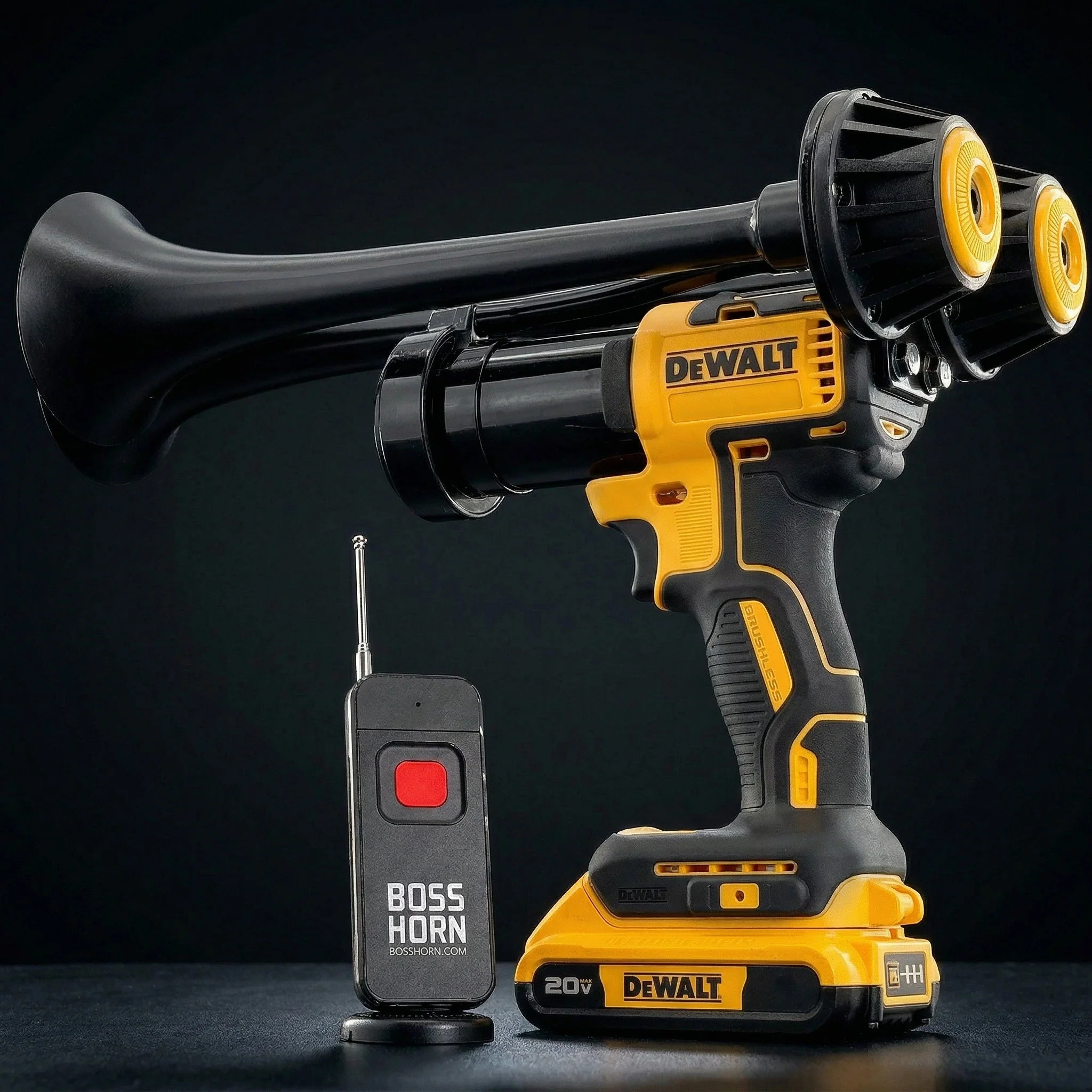 Dual Train Horn for DeWalt 20V battery — trumpet and housing detail