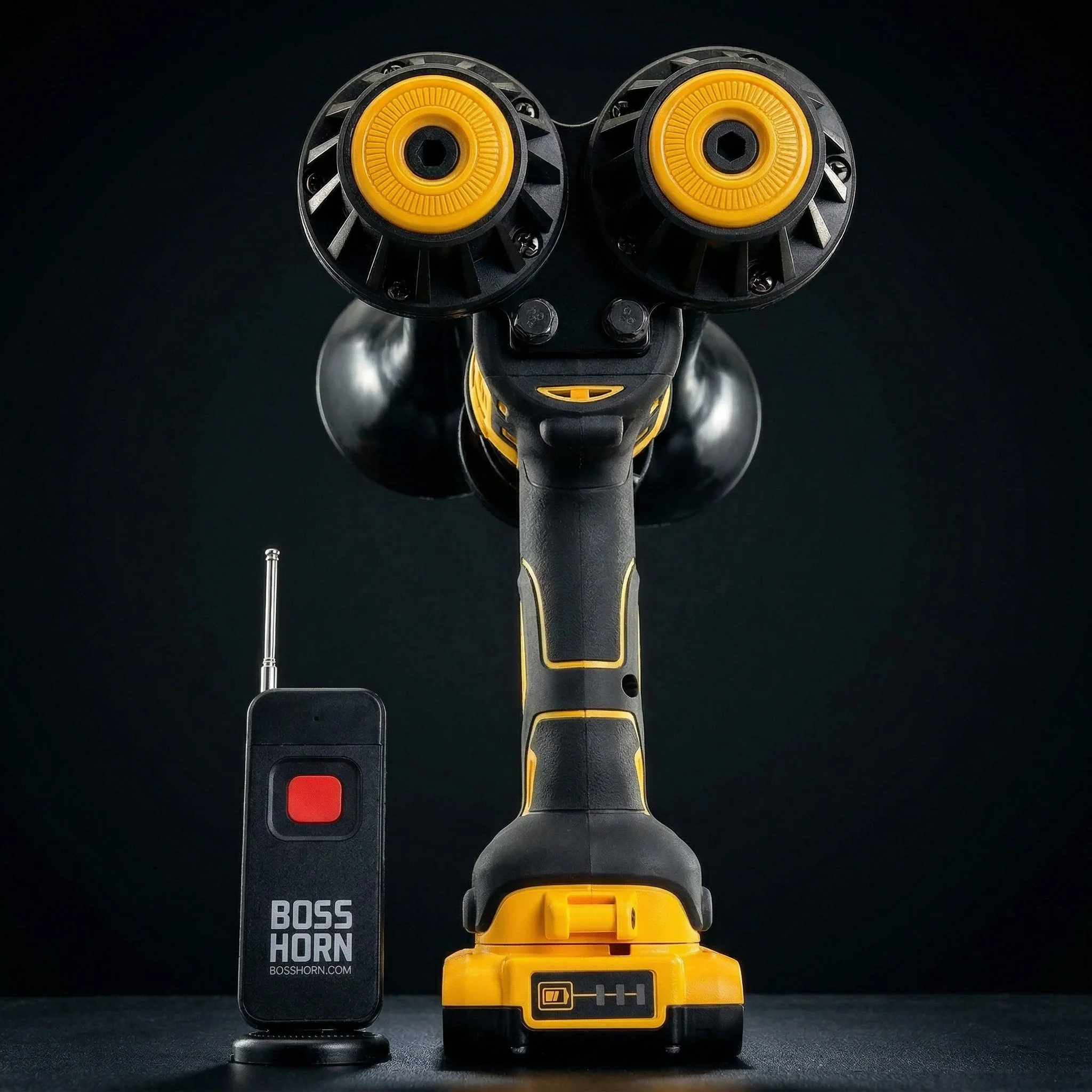 Dual Train Horn for DeWalt 20V battery — side view showing dual aluminum trumpets