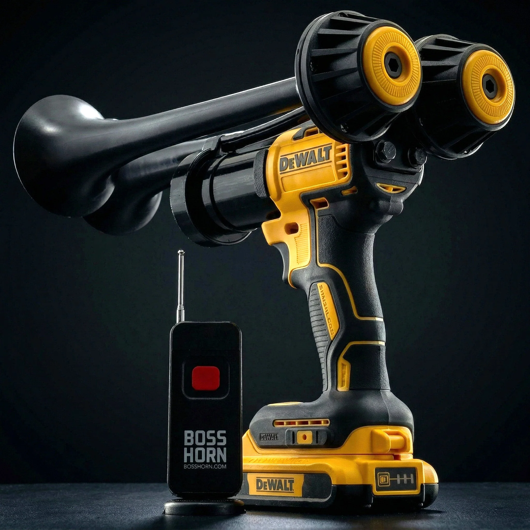 BossHorn Dual Train Horn for DeWalt 20V battery — fully assembled portable unit with two trumpets