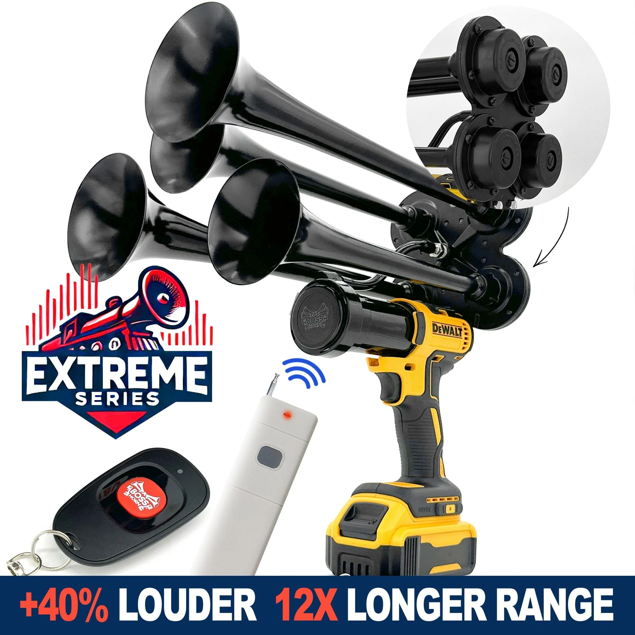Four powder-coated aluminum trumpets of the BossHorn Extreme Series horn