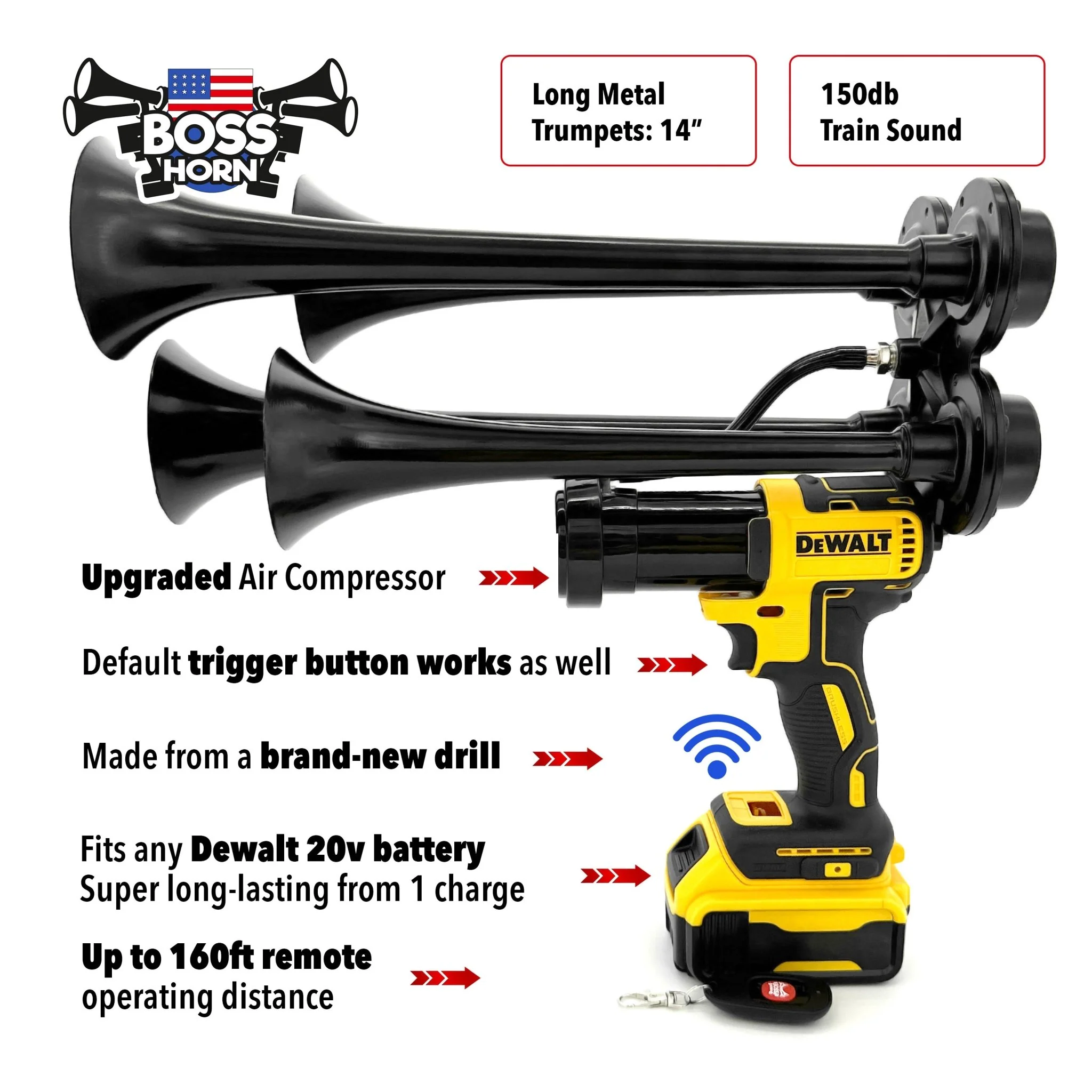 BossHorn Extreme Series train horn for DeWalt 20V batteries with wireless remote