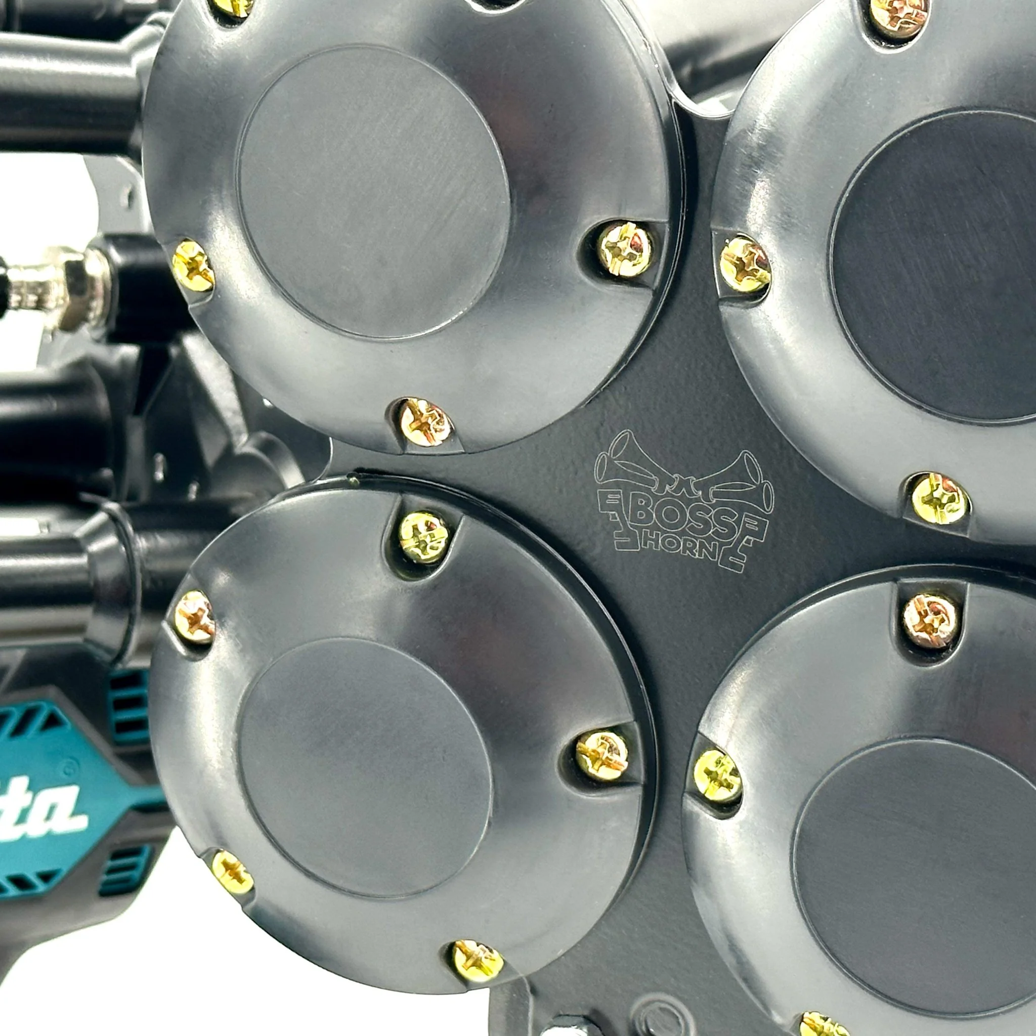 Rear view of the four powder-coated trumpet mounts on the BossHorn quad train horn