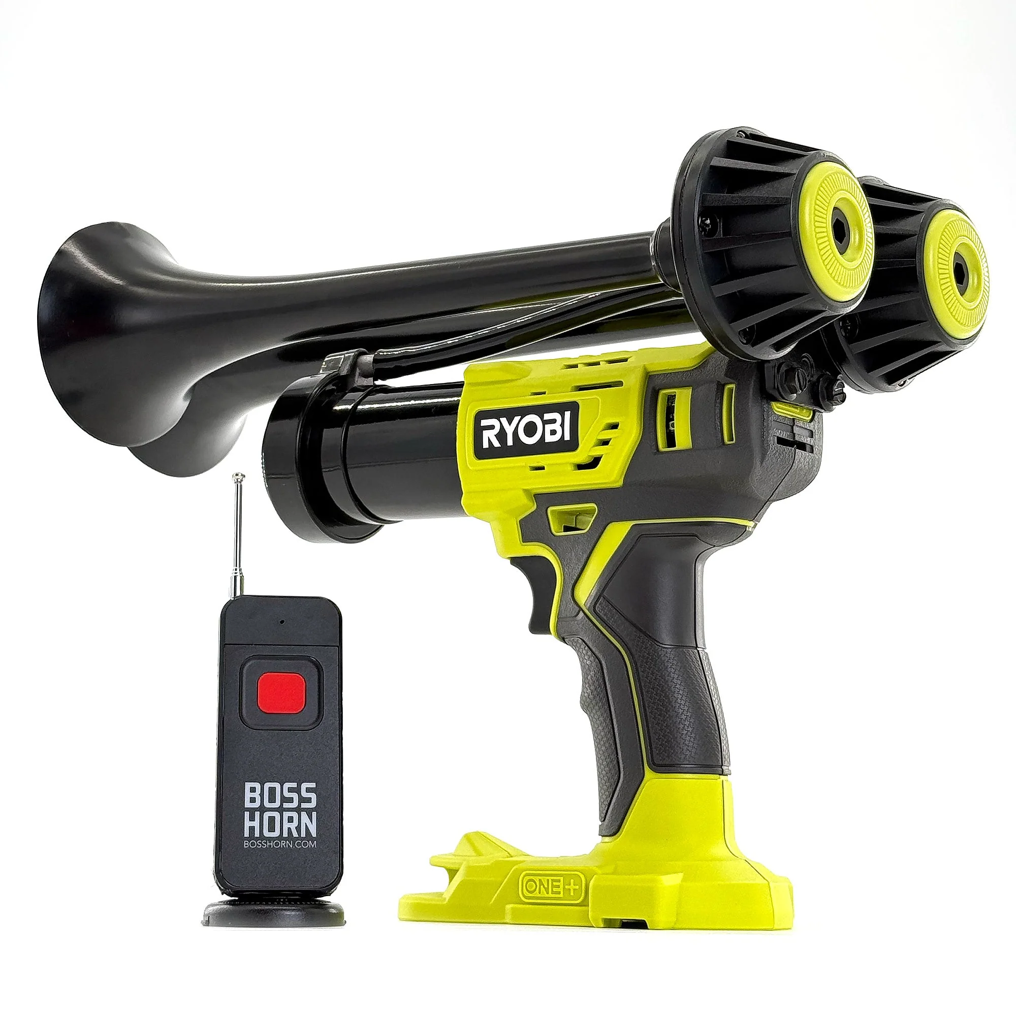 BossHorn dual-trumpet horn for Ryobi 18V battery — side profile showing trumpet lengths