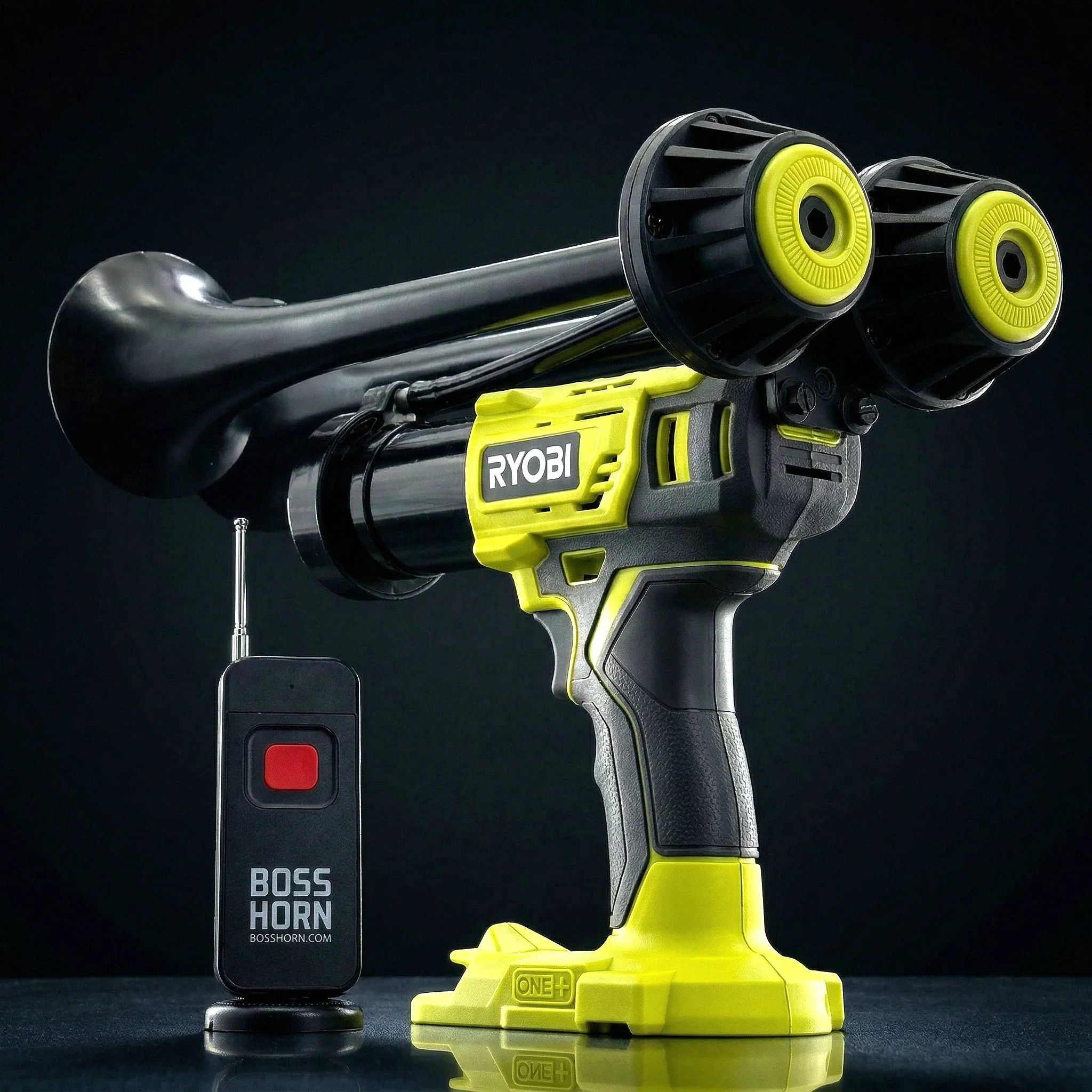 BossHorn Dual Train Horn for Ryobi 18V battery — assembled unit with two powder-coated aluminum trumpets