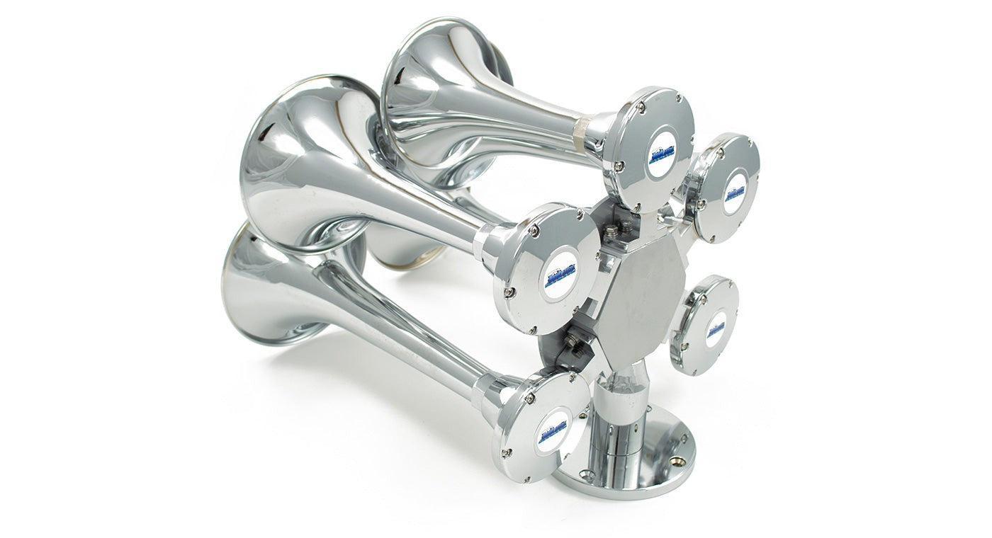 HornBlasters Admiral 228H 5-chime solid-brass chrome horn — detail view