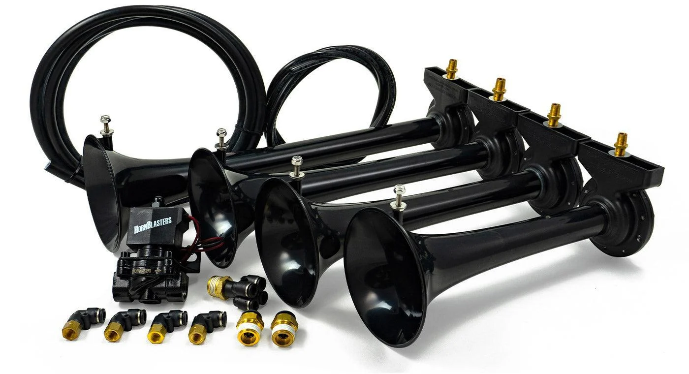 Shocker XL four-trumpet train horns from the Conductor's Special 232 kit with solenoid valve and push-to-connect fittings