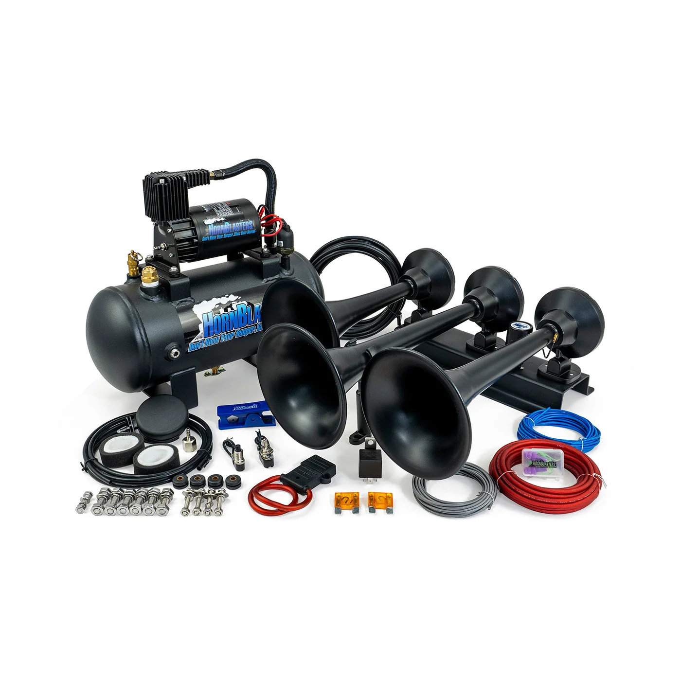 HornBlasters Flatlaw 127H train horn kit in Stealth Black — folded-flat three-bell horn with weather-resistant air system