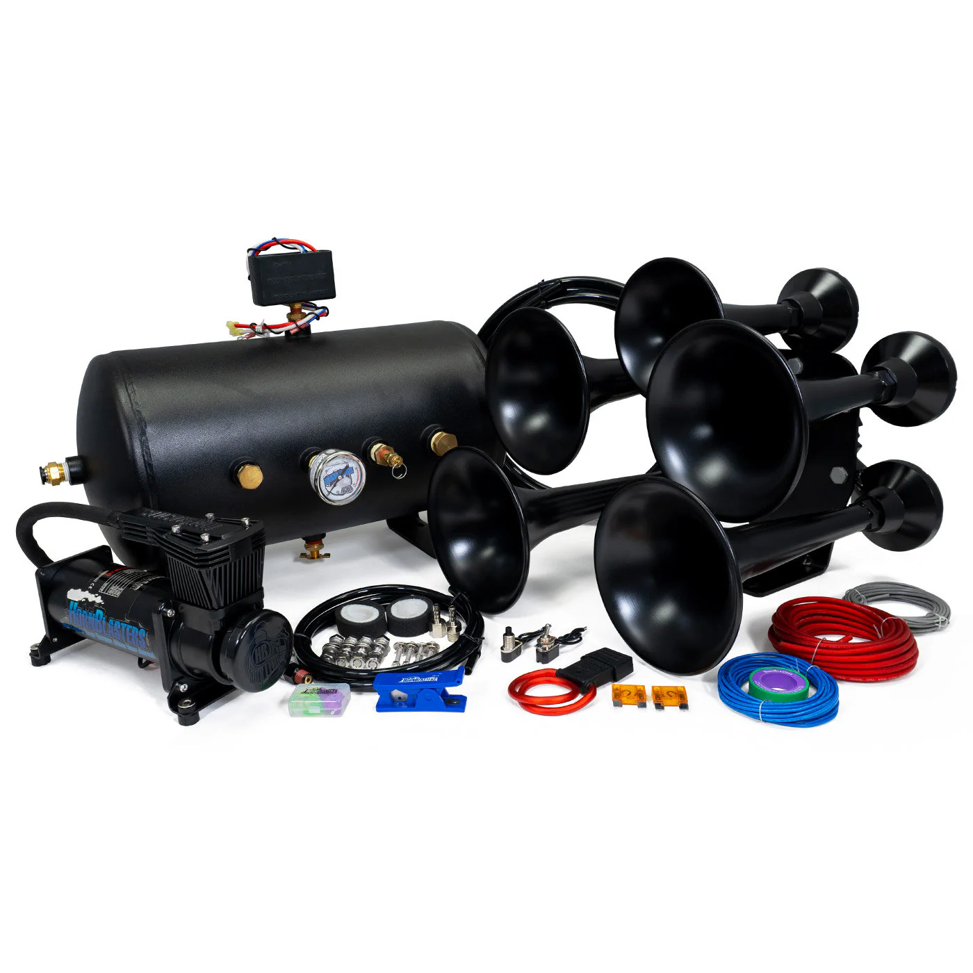 HornBlasters Katrina 544K Nightmare Edition kit overview with blacked-out 5-bell horn and 5-gallon air system