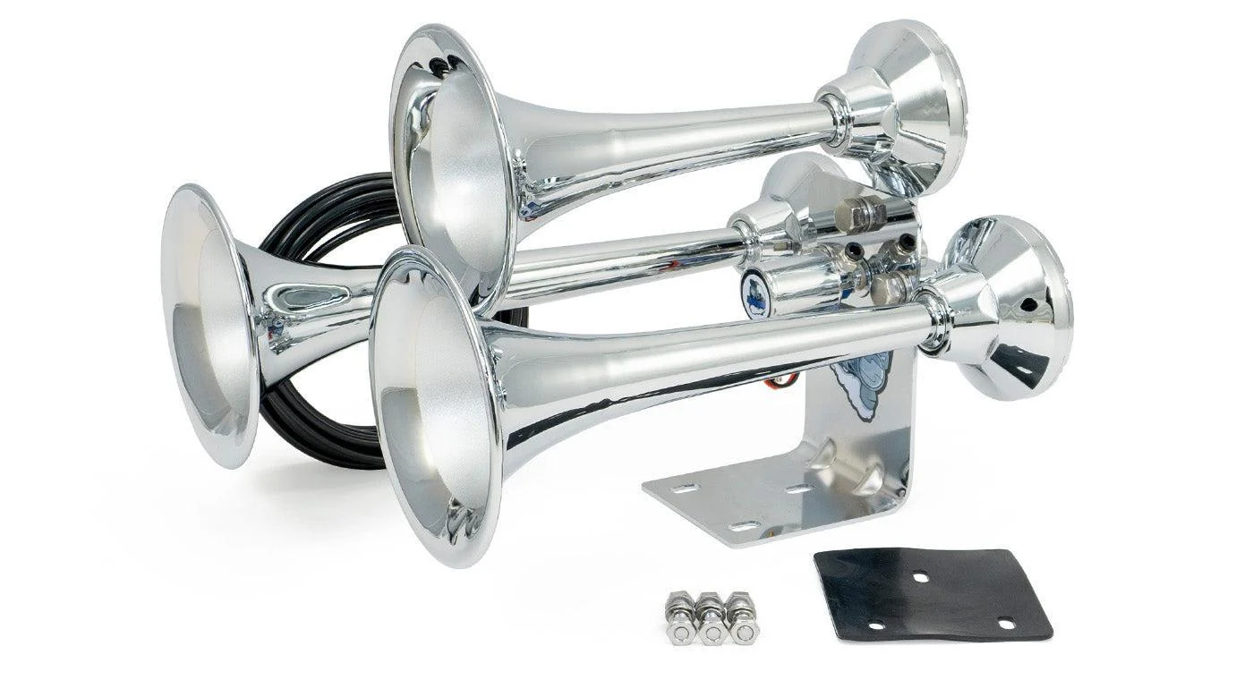 Mini Outlaw chrome 3-bell horn with mounting bracket, gasket plate and hardware