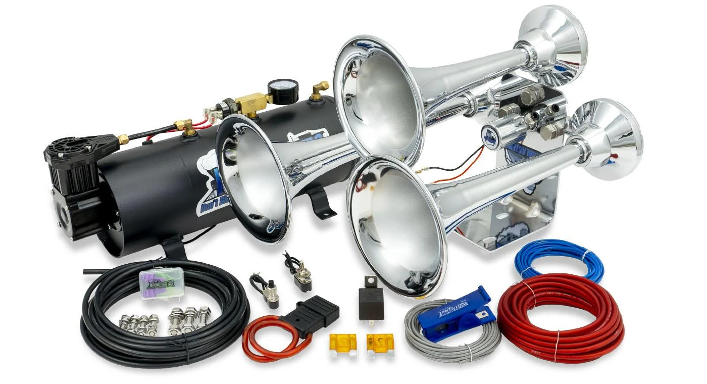 HornBlasters Mini Outlaw 3-liter M3 kit in chrome with tank-mounted compressor, valve, wiring and fittings