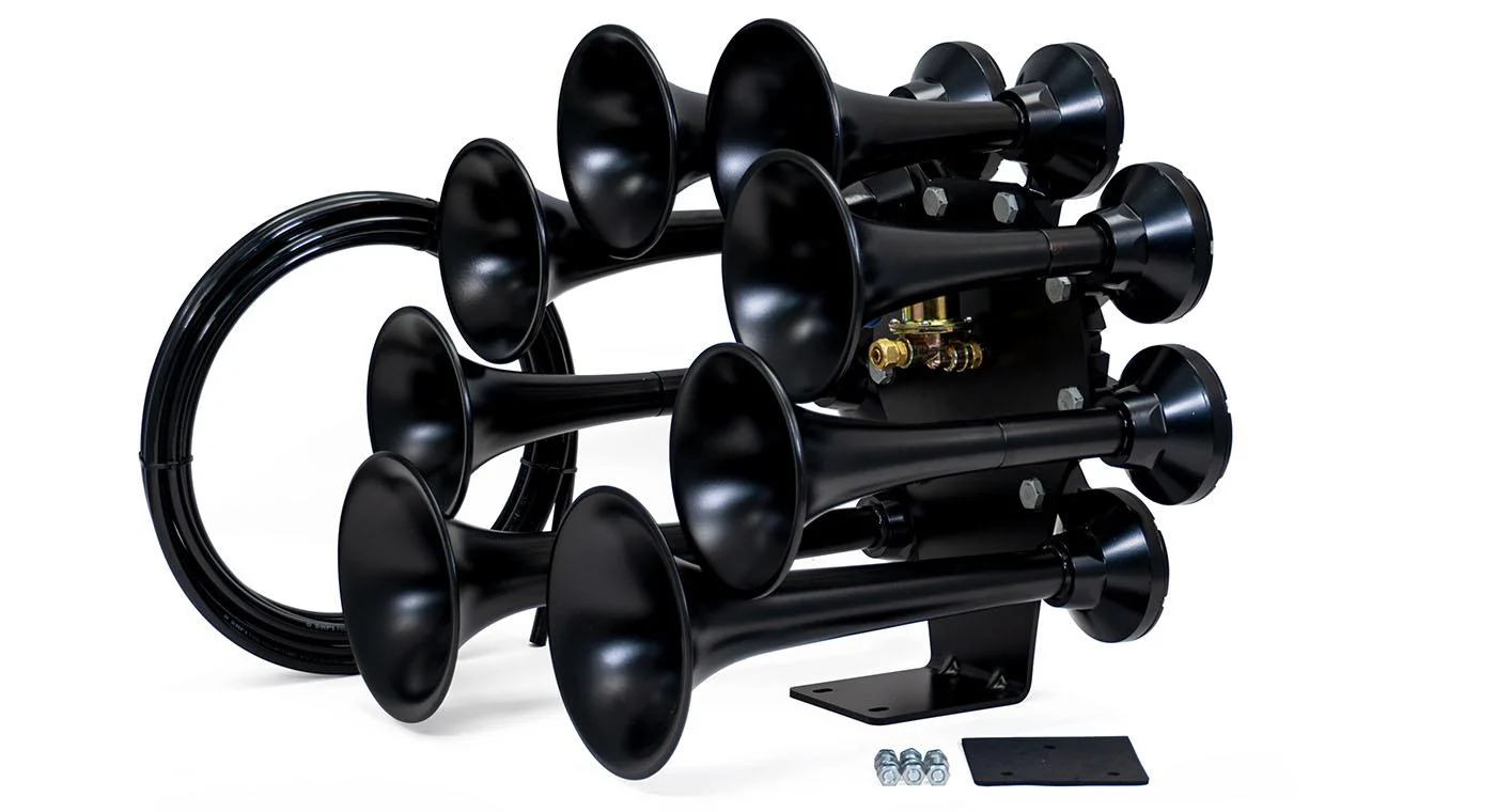 HornBlasters Octohorn eight-bell train horn on its black mounting bracket with pre-installed air valve and coiled air line