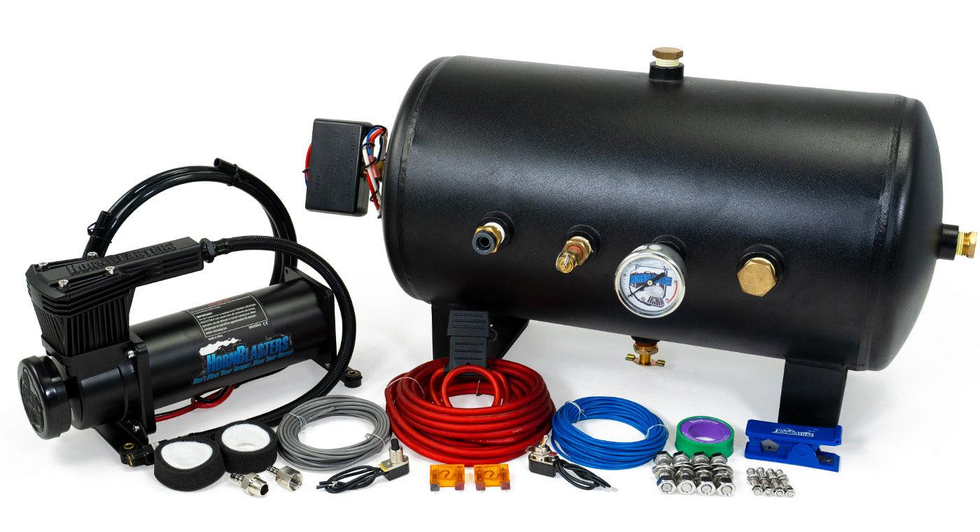 HornAir 5-gallon 8-port tank with liquid-filled gauge, HB-1NM Stealth Black compressor, pressure switch, wiring and fittings