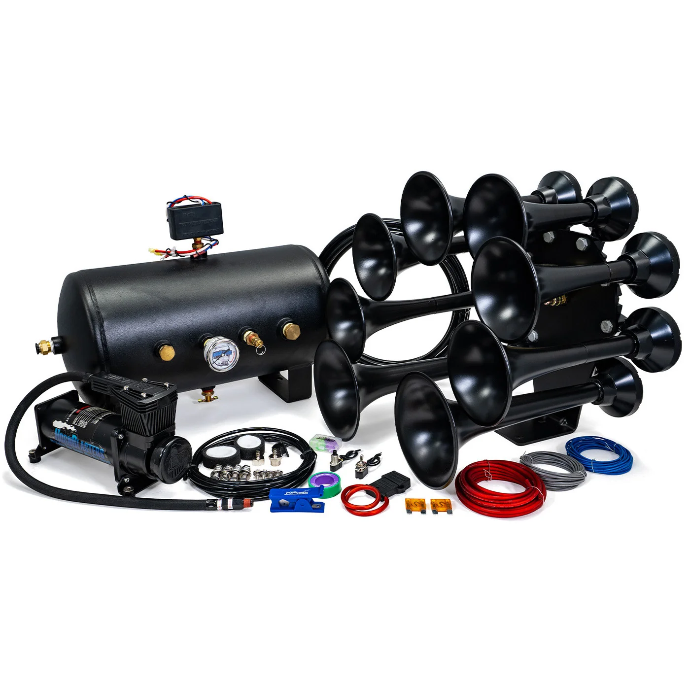 HornBlasters Octohorn 544K complete kit: eight-bell black horn, 5-gallon tank, HB-1NM compressor, wiring and fittings