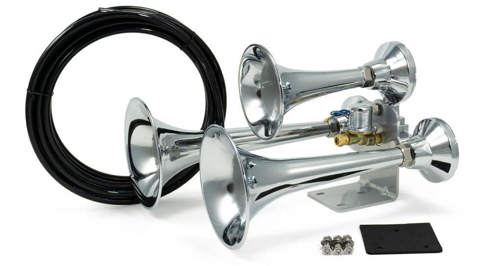Outlaw three-bell chrome train horn with air line, electric valve, and mounting bracket