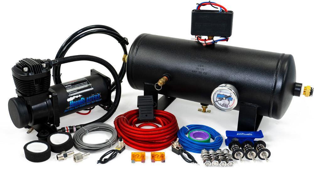 HornAir 232 onboard air system — 3Q compressor, 2-gallon six-port tank, gauge, wiring, and fittings
