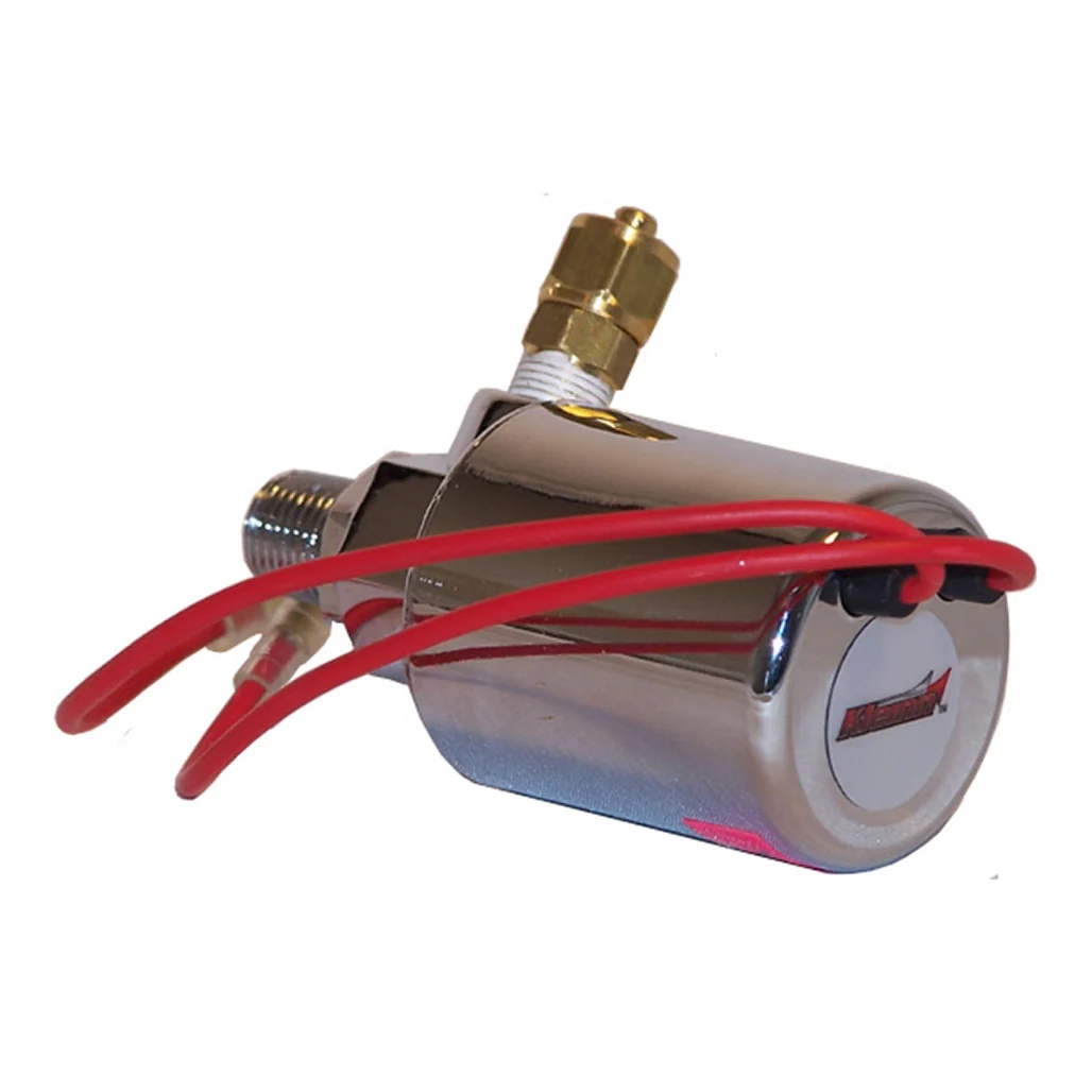 Kleinn Model 307 Vortex 4 chrome 12-volt solenoid valve with brass 1/4-inch airline fitting and red wire leads