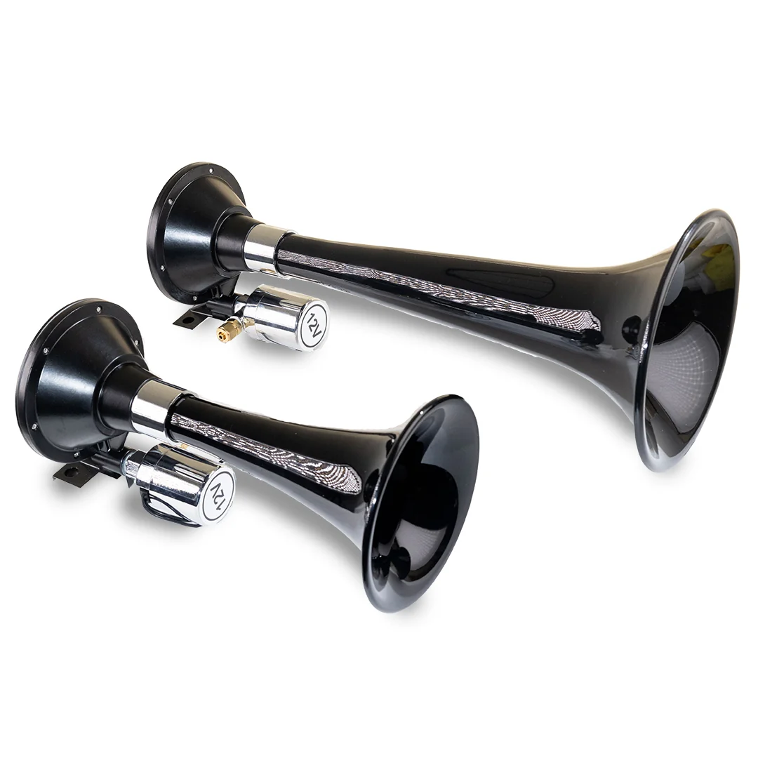 Kleinn Model 220 Mini Beast dual black ABS train horns with chrome Vortex 4 solenoids, small and large trumpet side by side