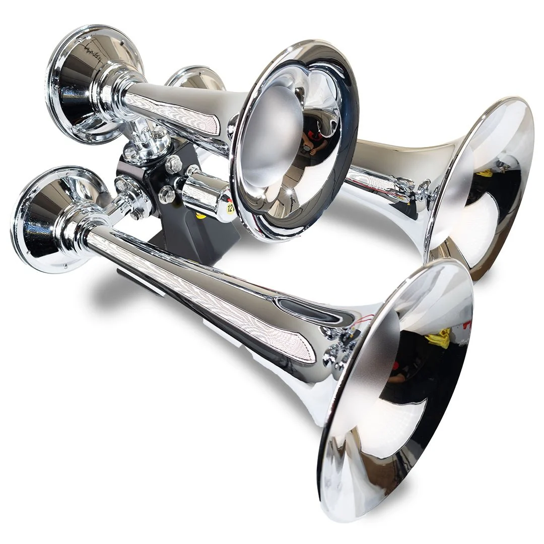Kleinn Model 501 Warlock chrome-plated steel triple train horn on triangular aluminum bracket