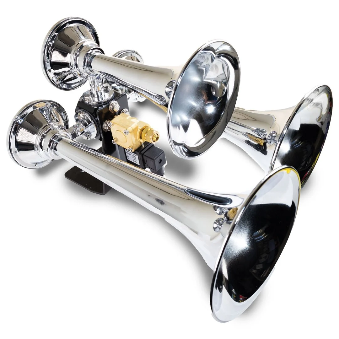 Kleinn Model 502 Kraken chrome-plated steel triple train horn assembly on triangular bracket with VX6003 brass solenoid
