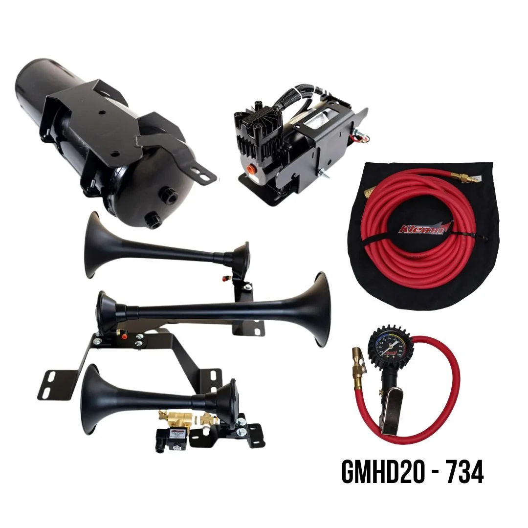 Kleinn GMHD20-734 Model 730 kit — Demon stainless triple horns, 6450RC compressor, tank and brackets