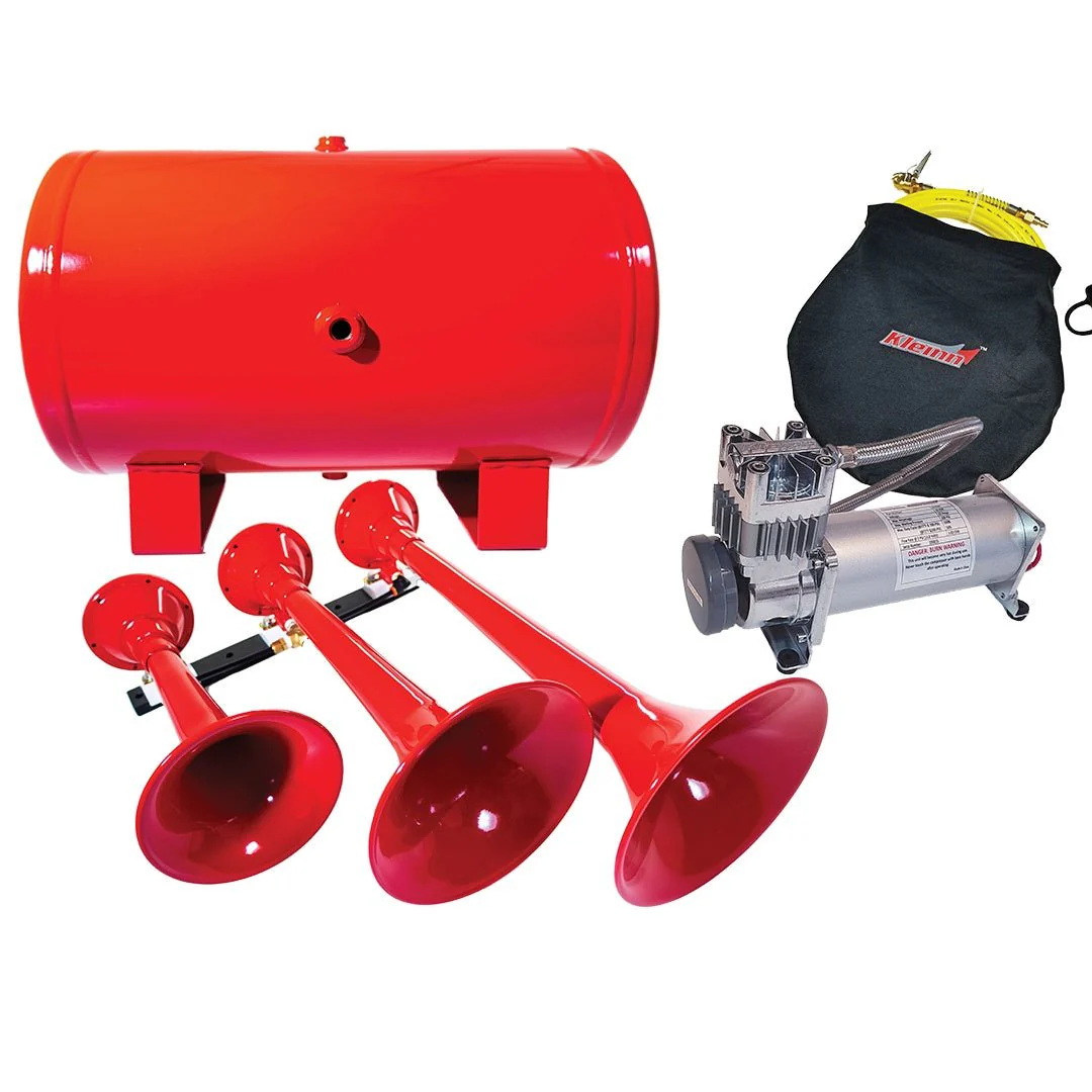 Kleinn HK9 triple spun-steel trumpets with air tank, compressor and storage bag