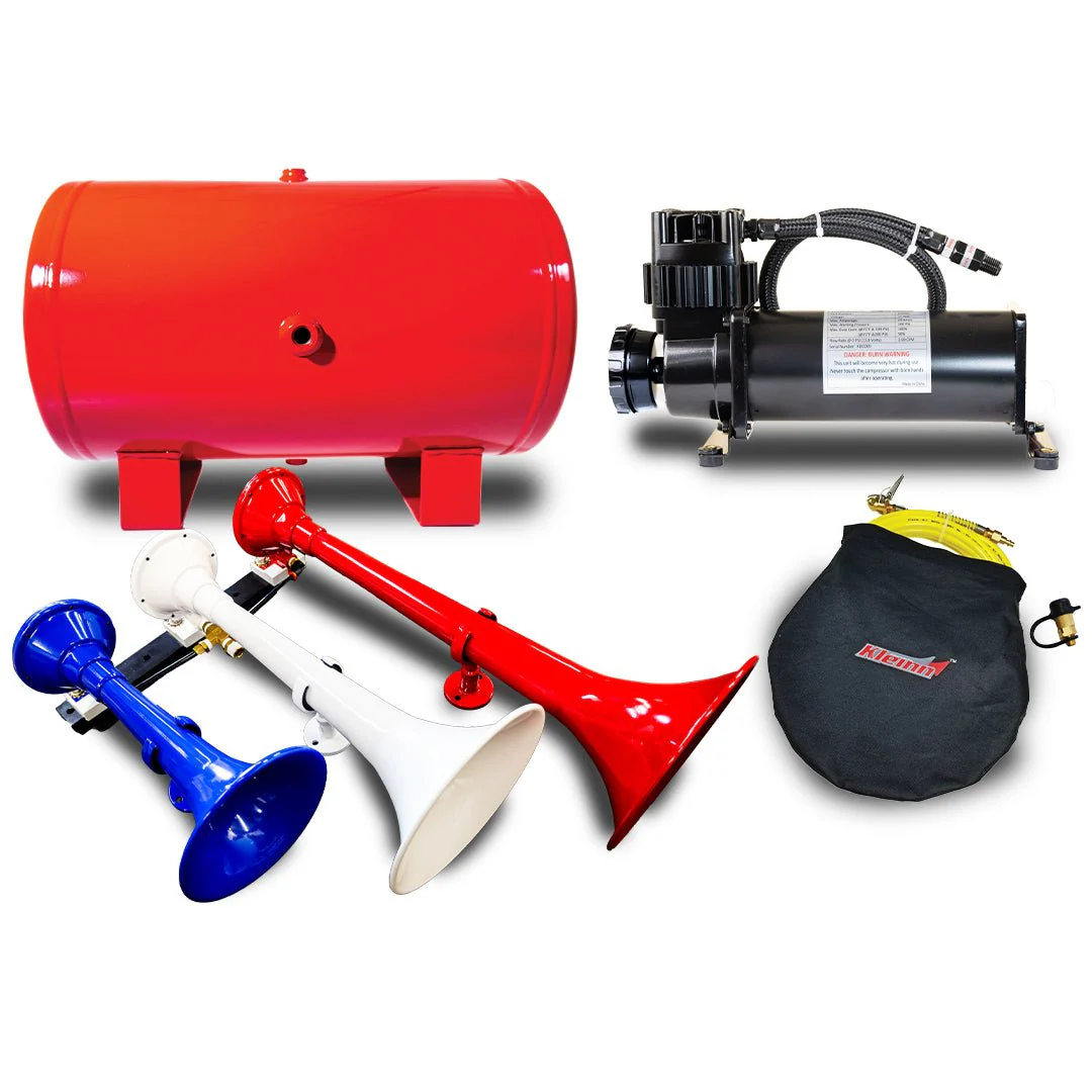 Kleinn HK9 onboard air compressor, 5-gallon tank and triple train horn trumpets