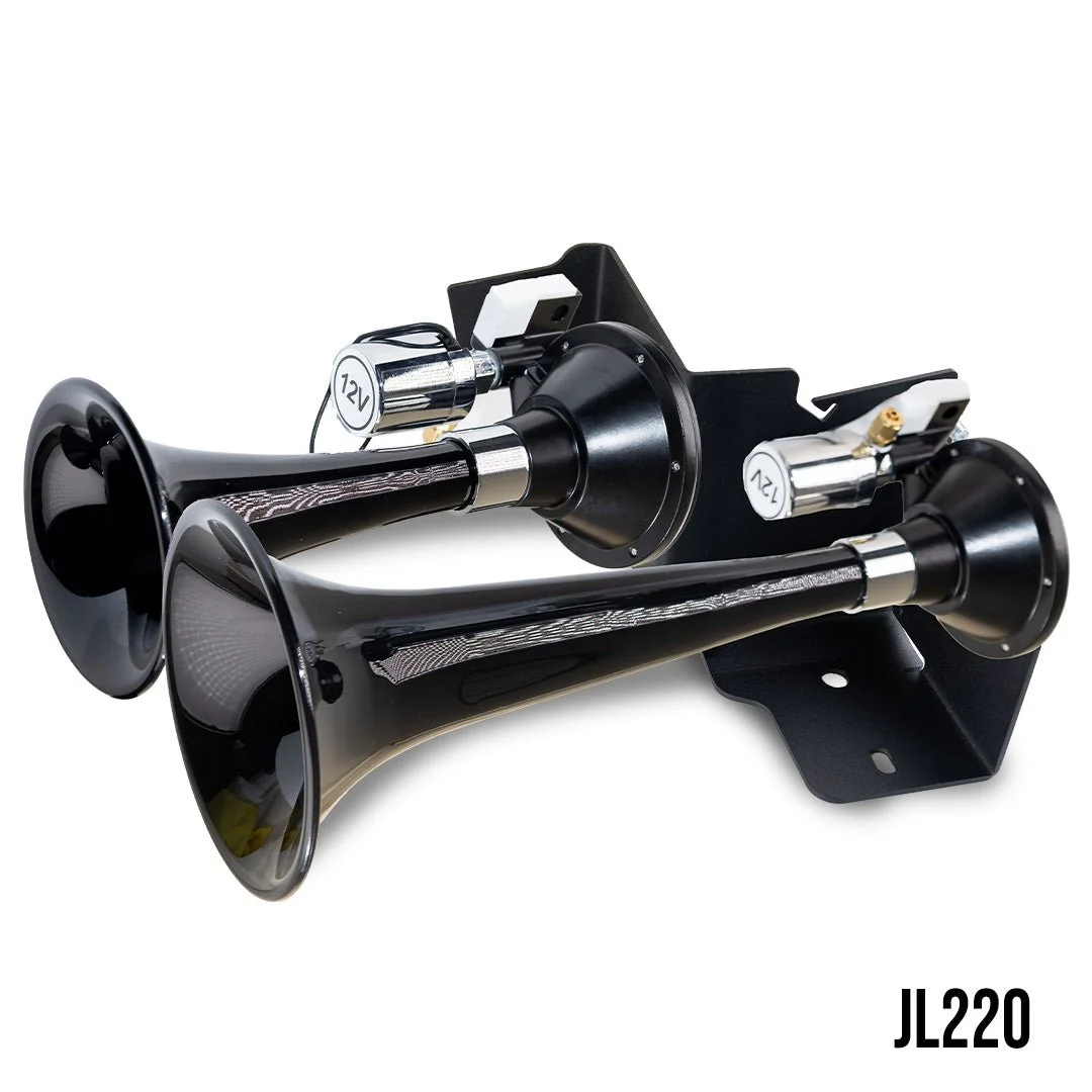 Kleinn JL220 kit contents — dual black trumpets, solenoids, bracket and wiring for the Jeep Wrangler JLU