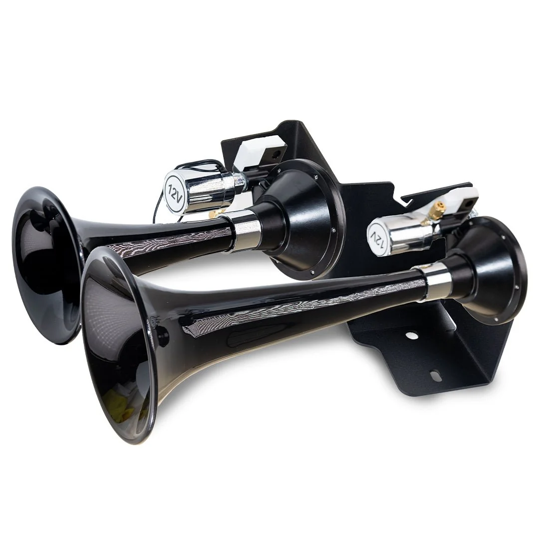 Kleinn JL220 dual Model 220 black train horns with vehicle-specific Jeep Wrangler JLU mounting bracket