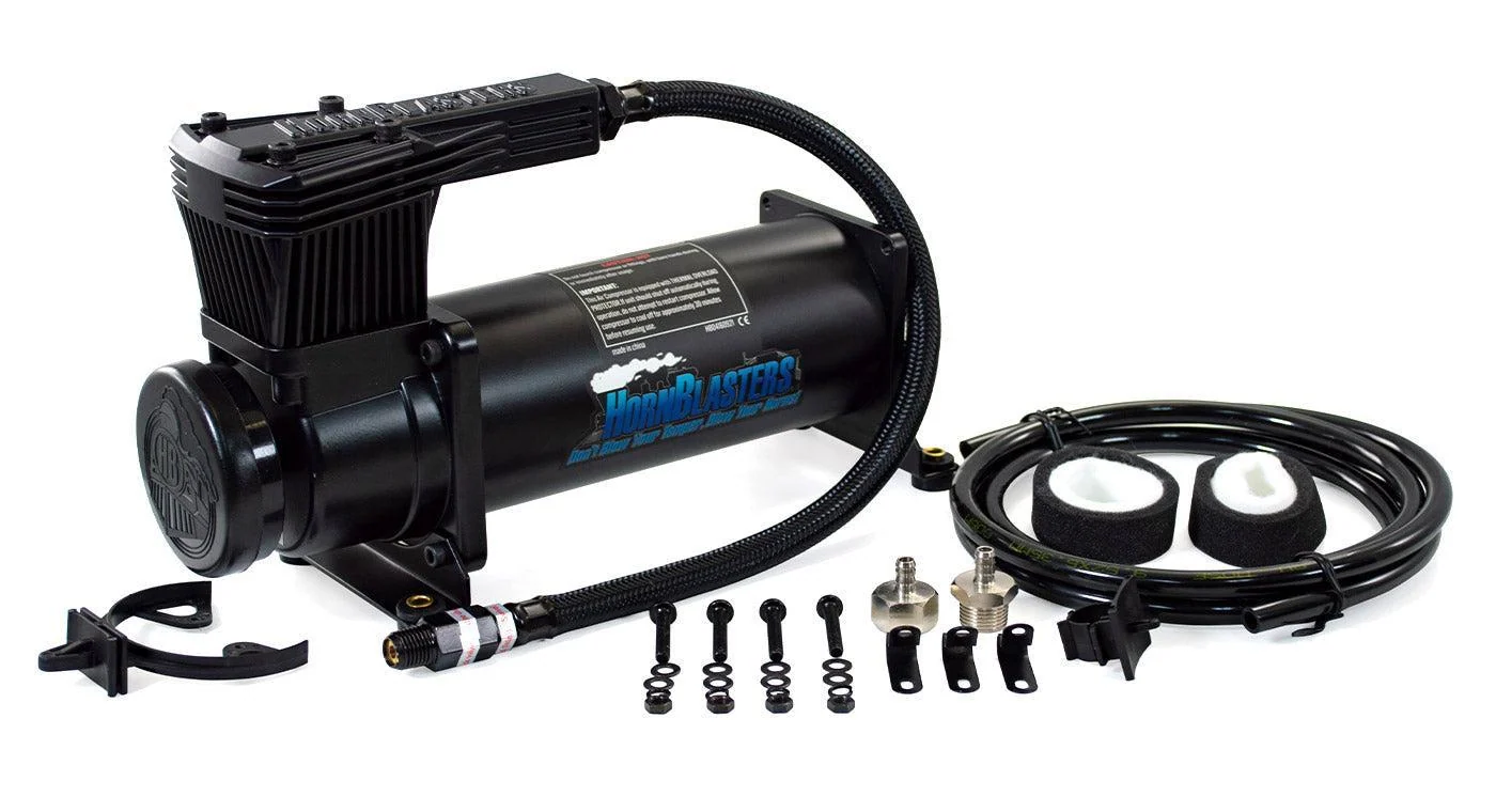 HornBlasters 1NM Stealth Black 12-volt air compressor with mounting hardware