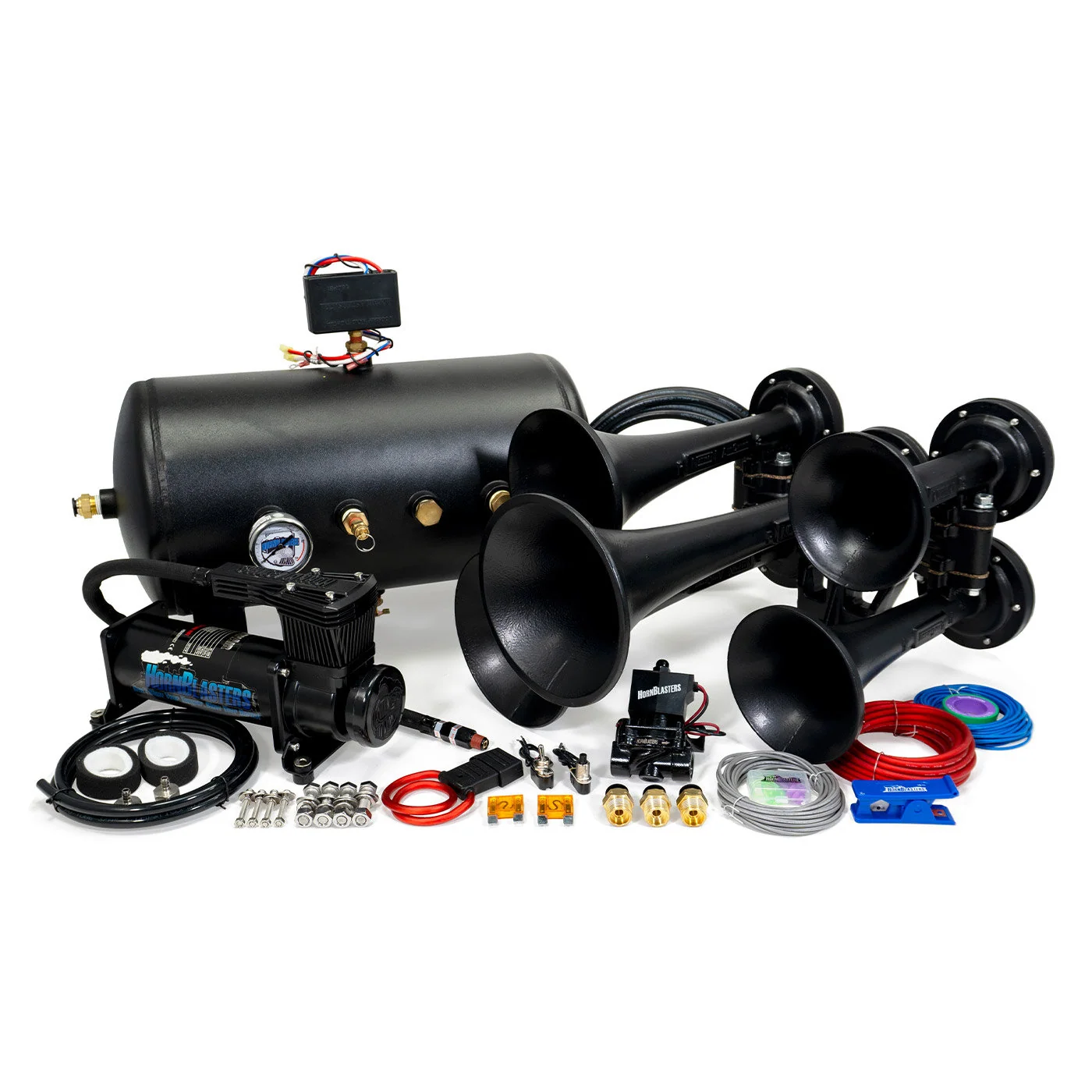 Nathan AirChime P5 544K train horn kit overview with five-chime horn, 5-gallon tank, compressor and wiring