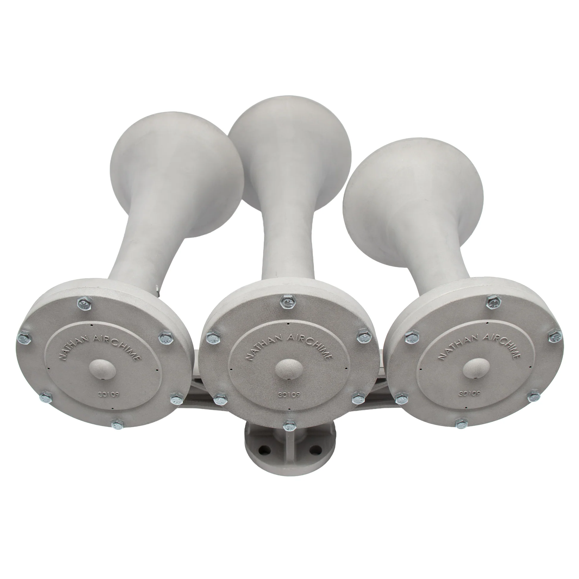 Nathan AirChime K3HL horn bells and manifold, rear view showing the three cast kettle-drum bells