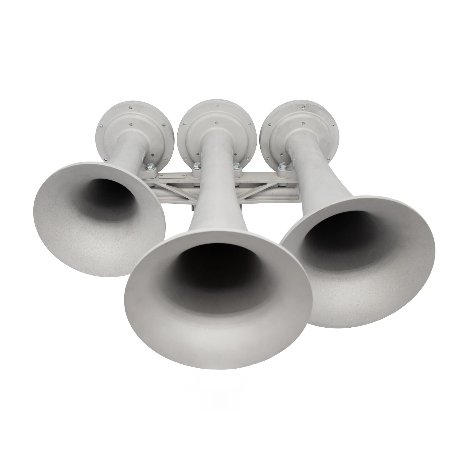 Refurbished Nathan AirChime K3HL three-chime locomotive horn on its high-profile manifold, bead-blasted finish