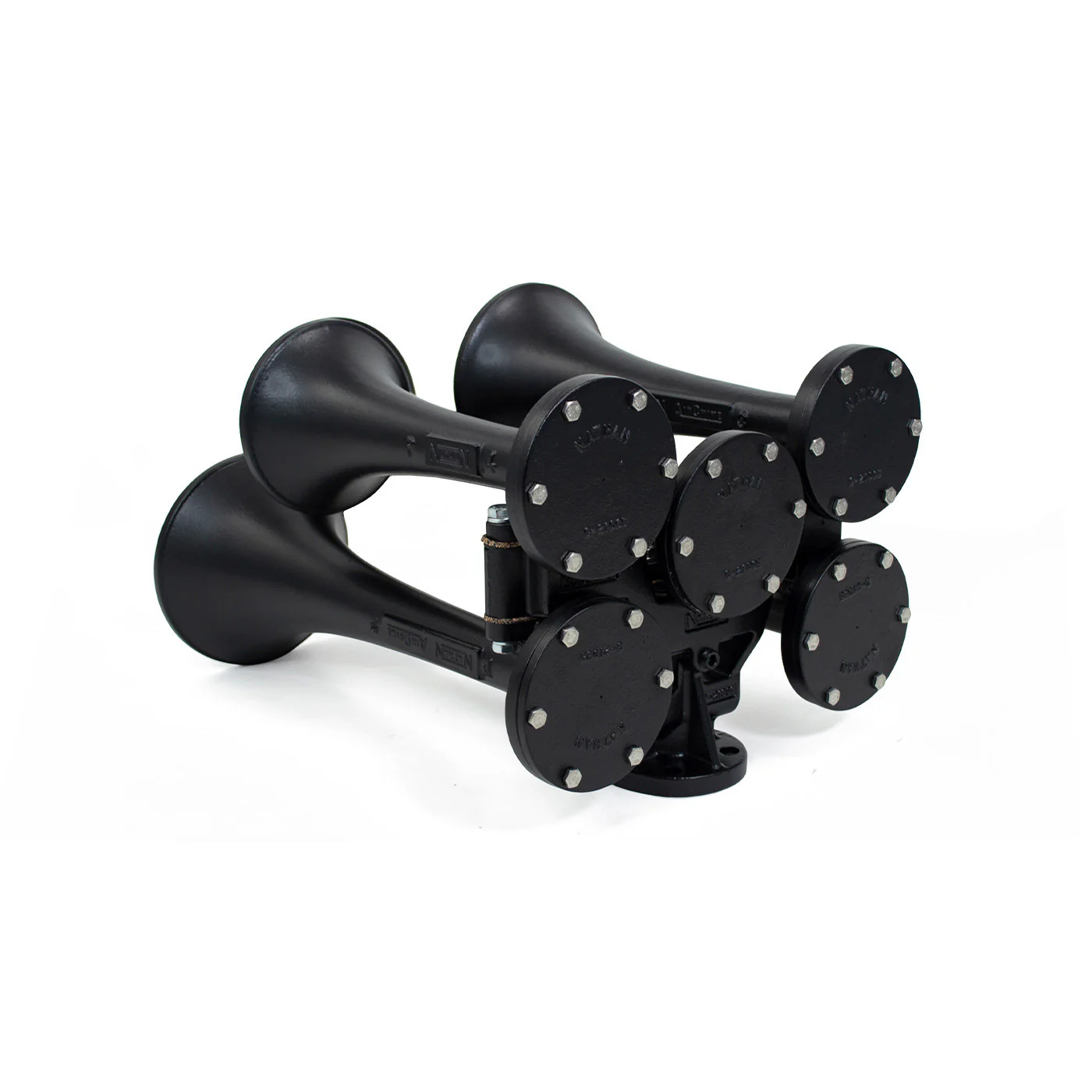 Nathan AirChime P5 rear detail — five reversible bells on the cast-aluminum manifold