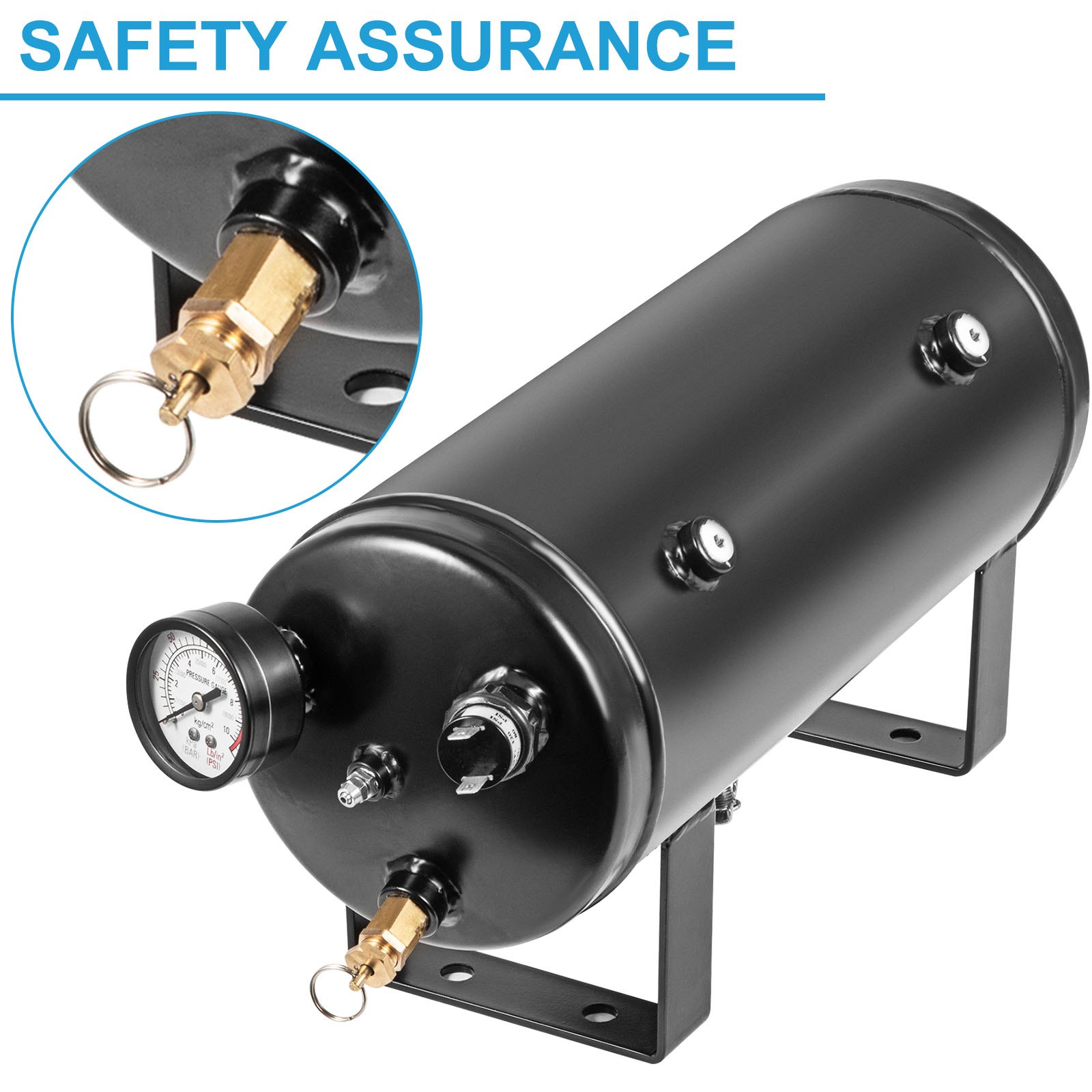 Vevor 5-gallon black steel air tank with pressure gauge, drain valve and pull-ring safety relief valve